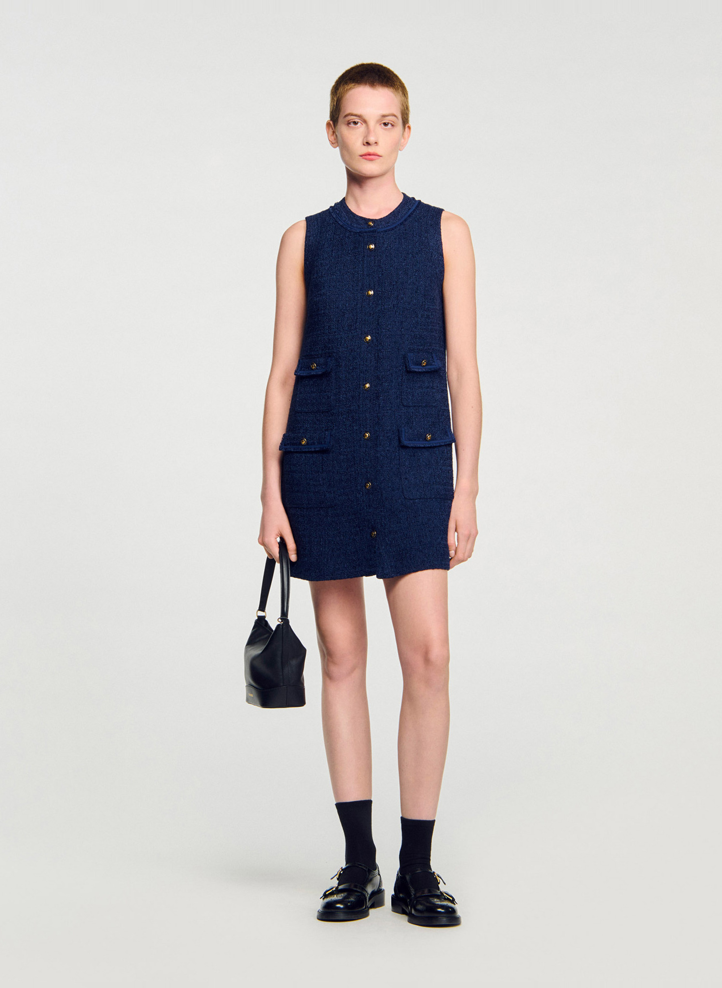 Korte A-lijn jurk van tweed SANDRO Blauw