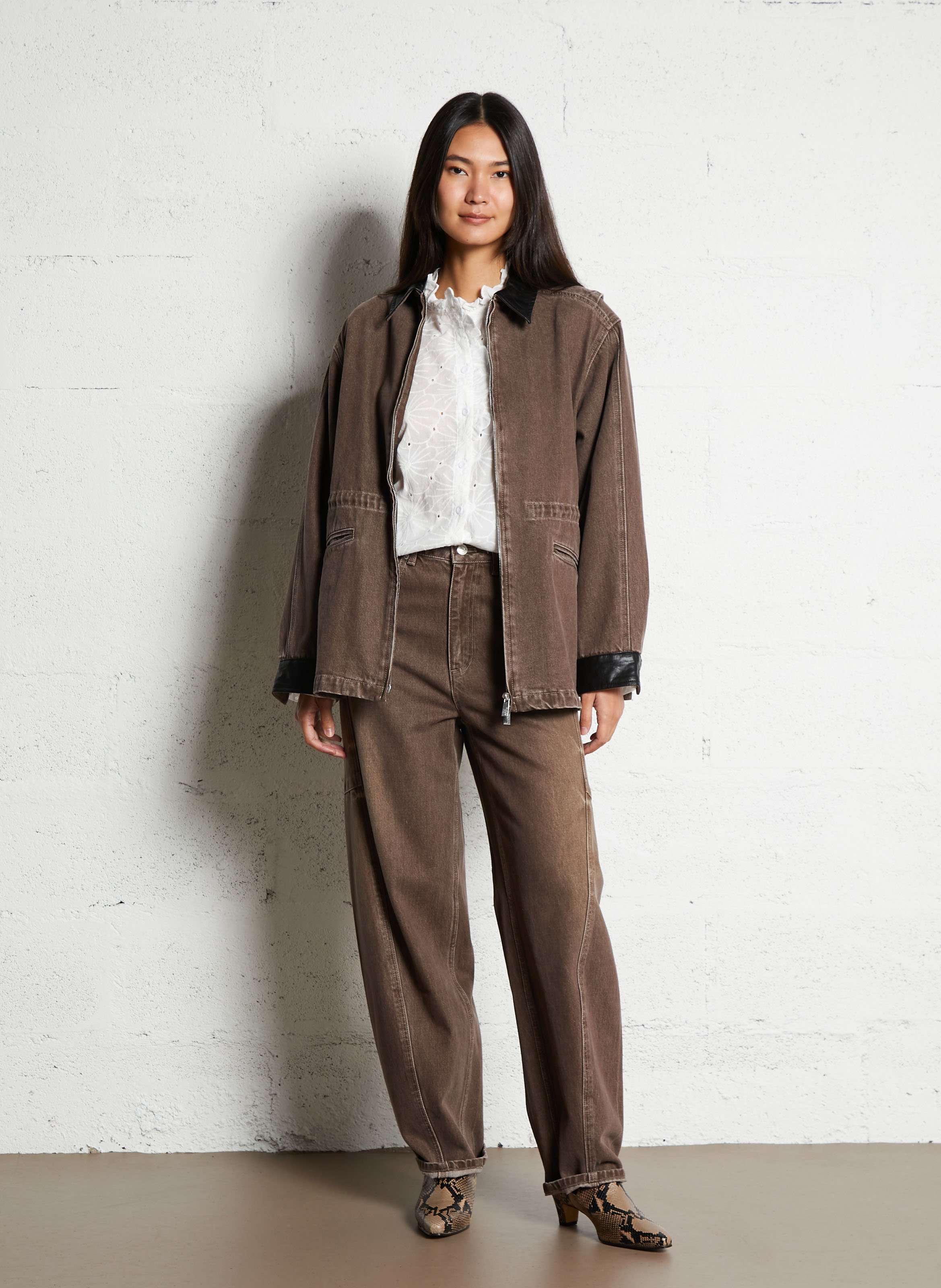 Jean droit large en coton mélangé BERENICE Marron