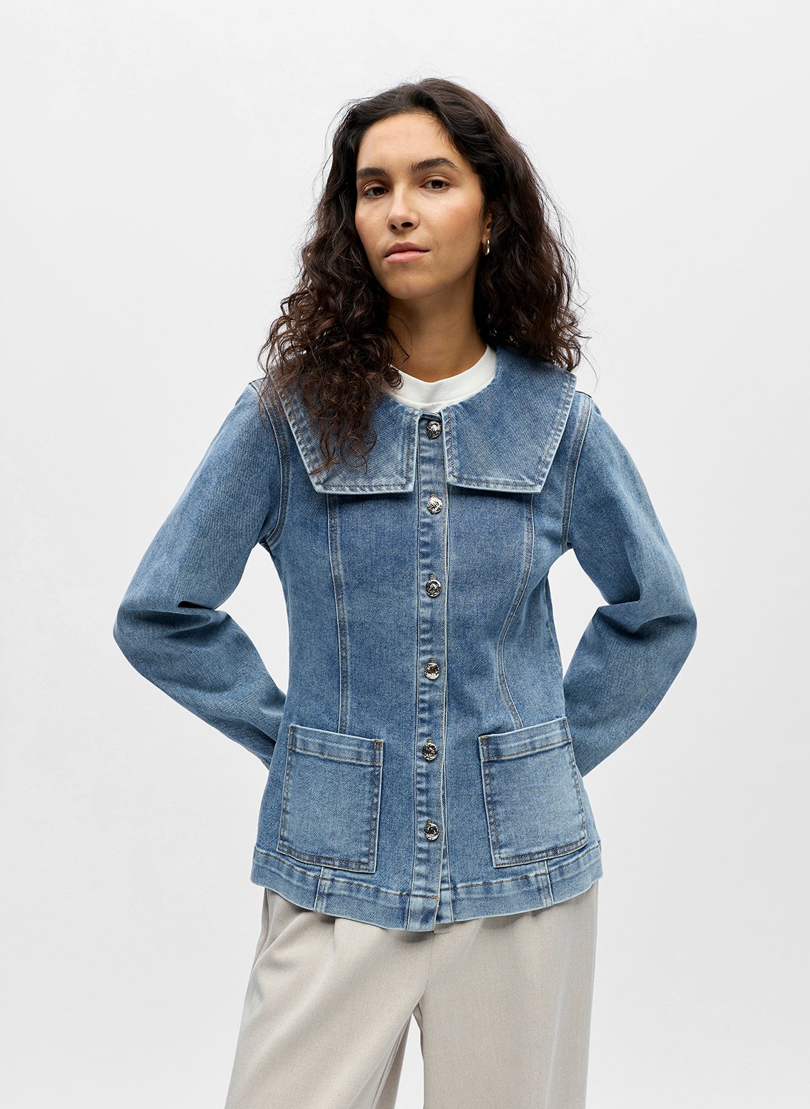 Veste en jean col rond en coton bio mélangé OBJECT Bleu