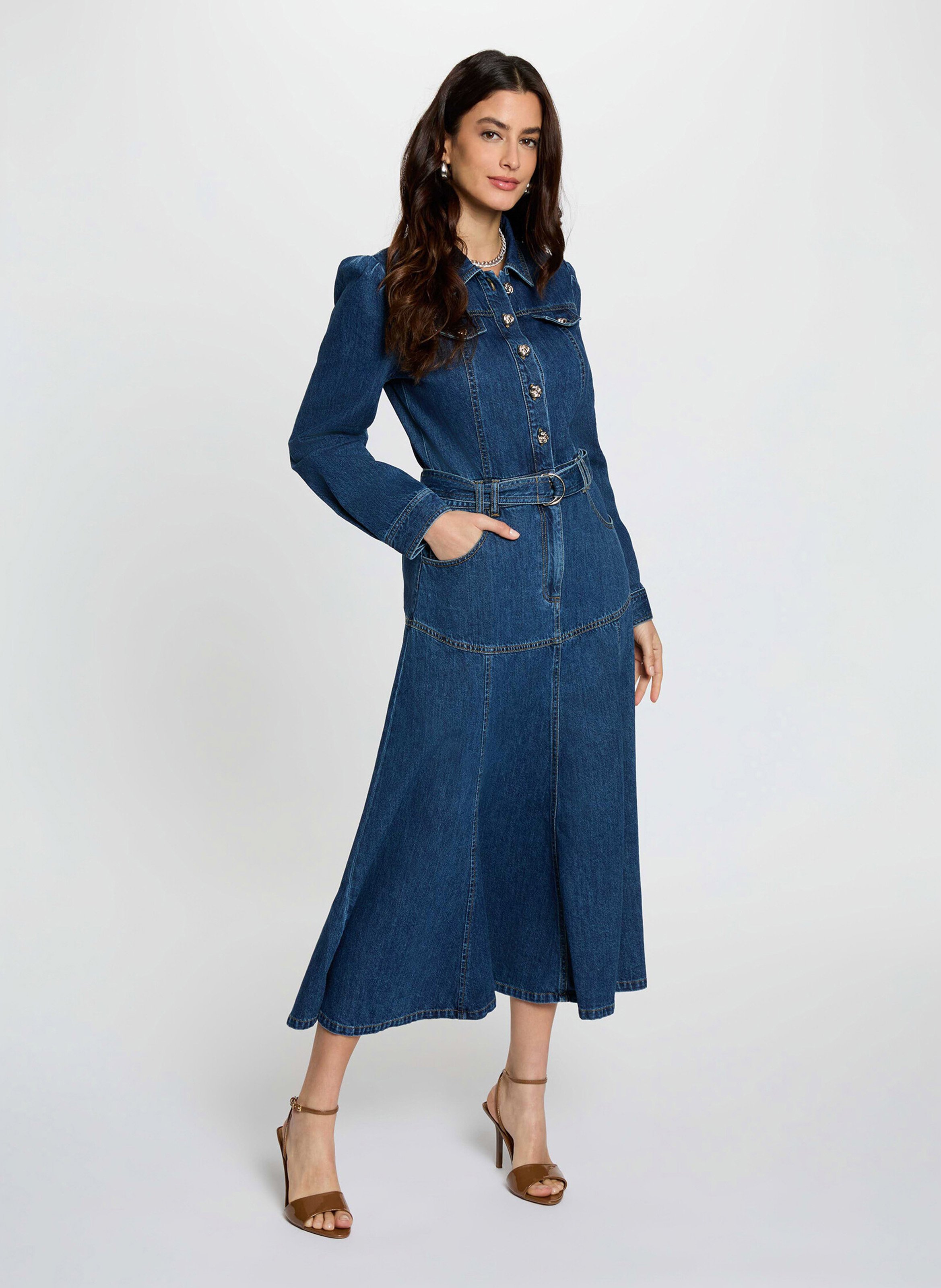 Long cotton dress with classic collar MORGAN Blue