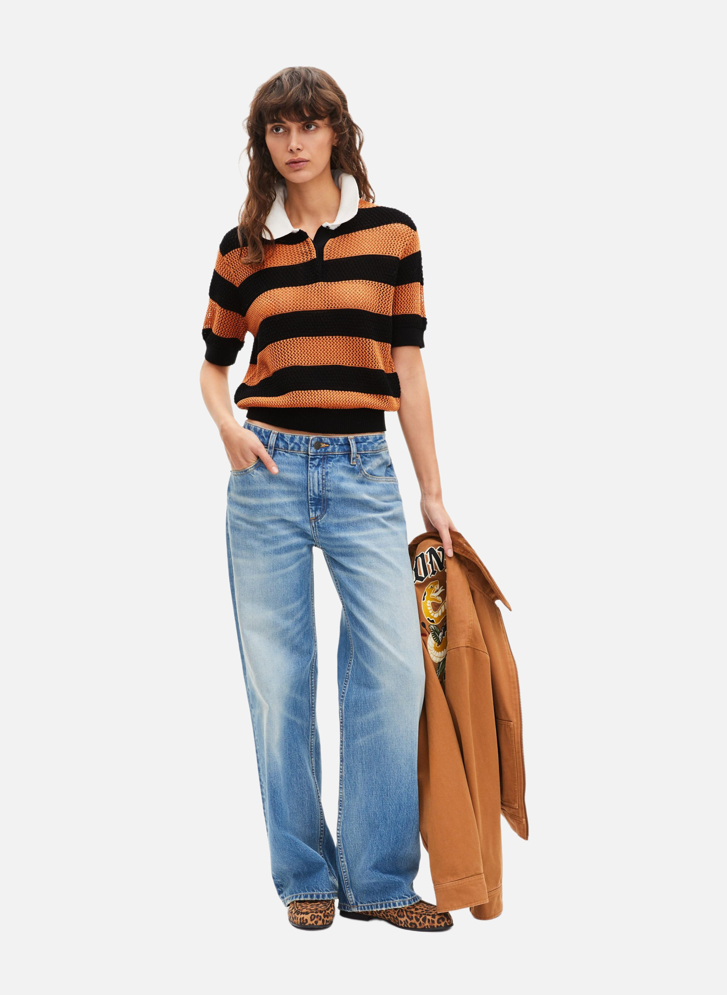 Striped openwork knit polo THE KOOPLES Brown