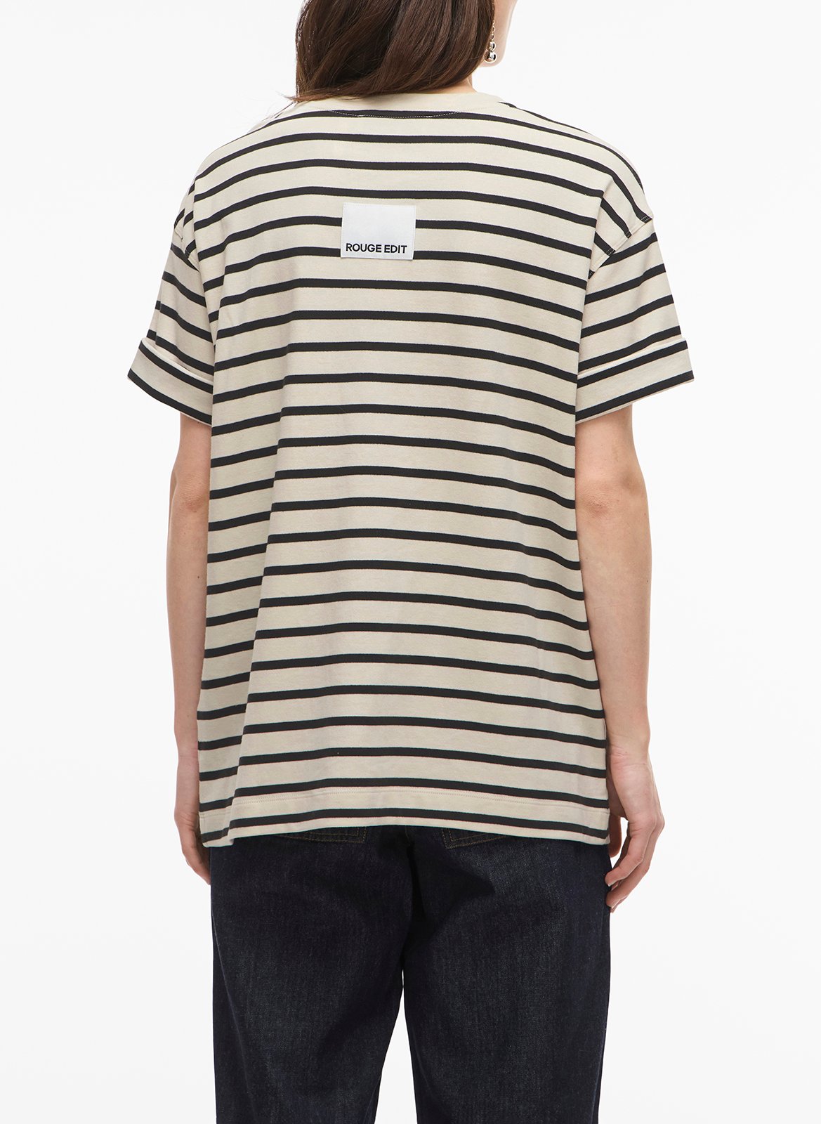 Straight round neck striped organic cotton T-shirt ROUGE EDIT Beige