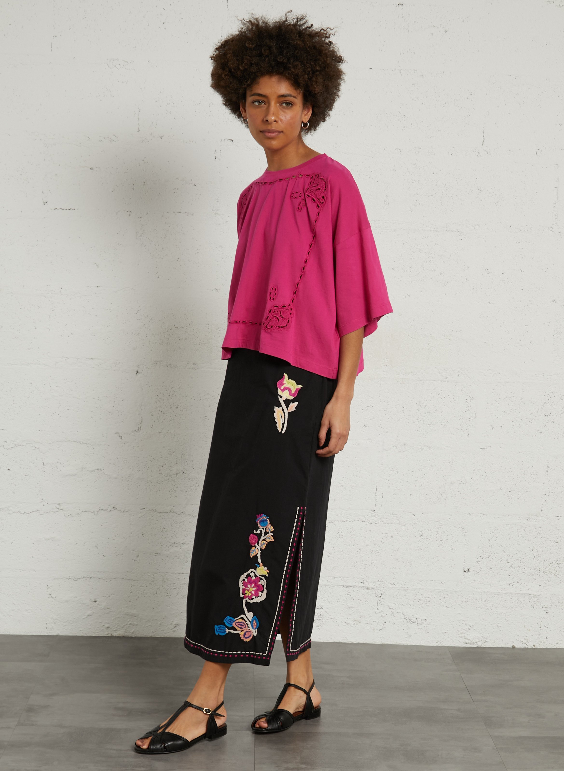 Tee-shirt ample col rond broderie anglaise en coton organique LOUISE MISHA Rose