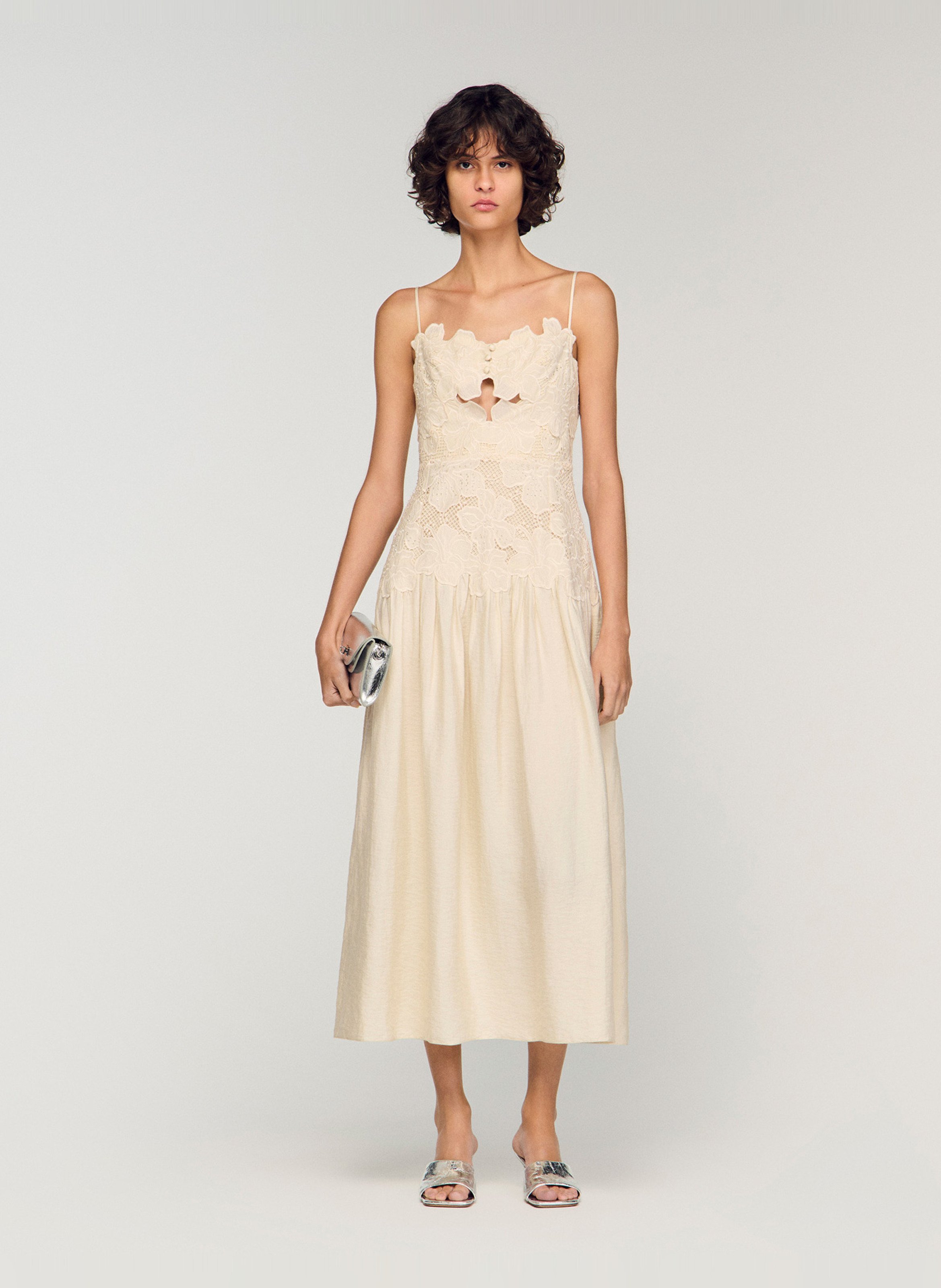 Fitted midi dress with embroideries and rhinestones SANDRO Beige