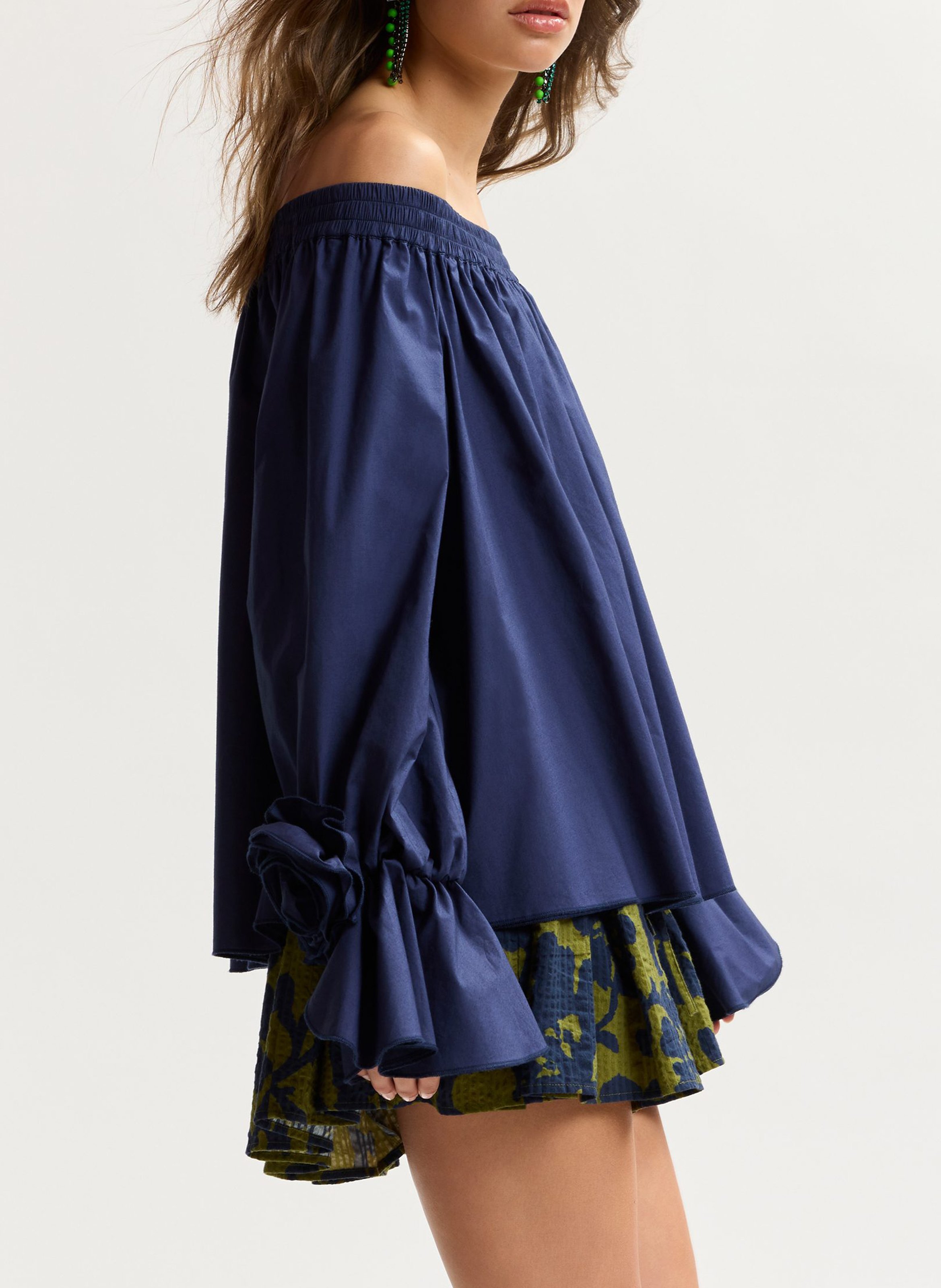 Top bardot ample à fleurs uni Bleu