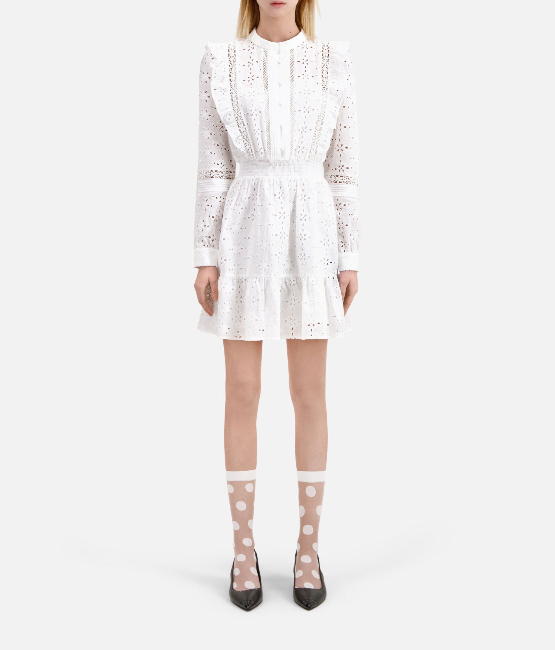 Robe courte brodée à volants en coton THE KOOPLES Blanc