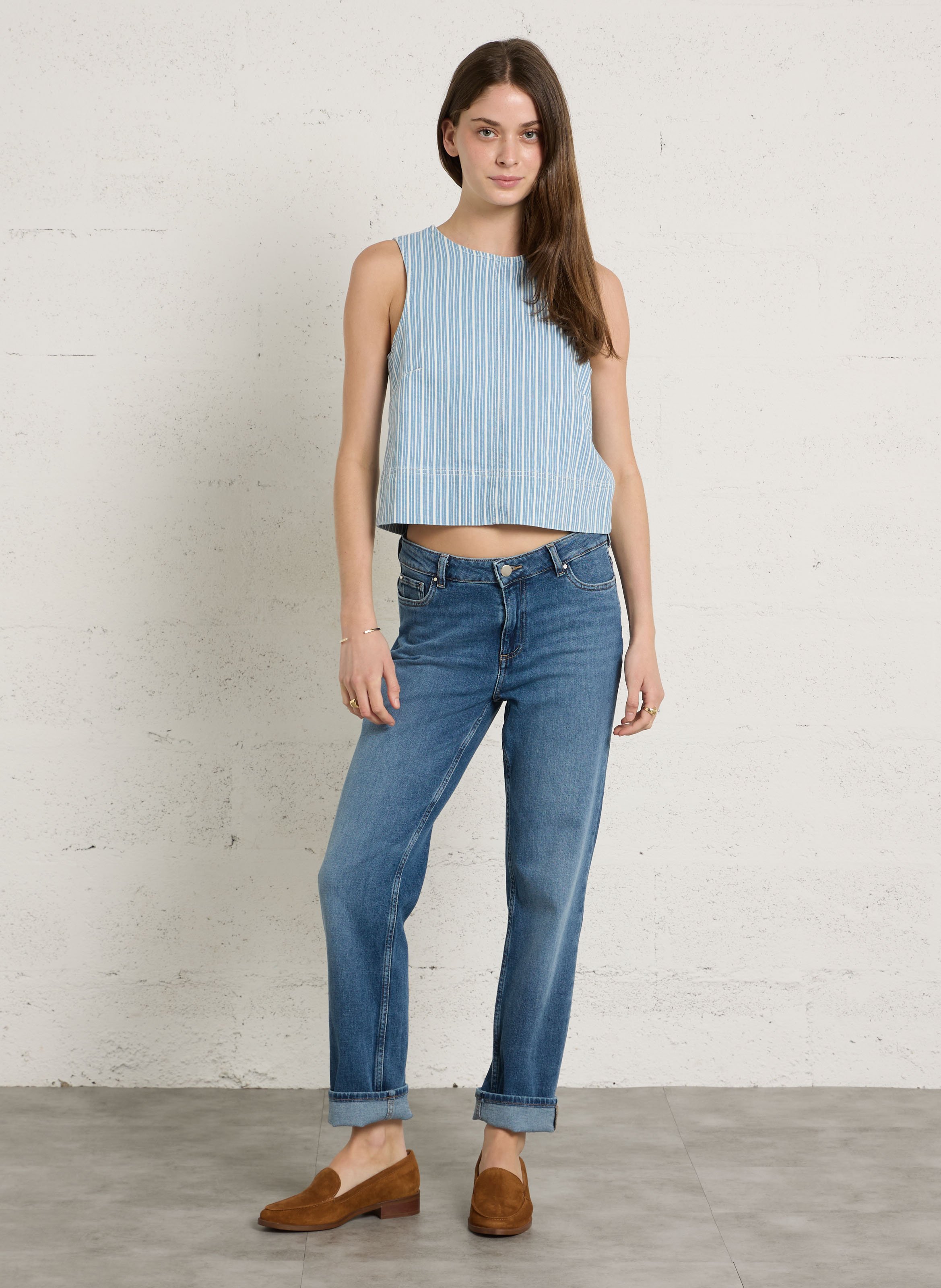 Top droit col rond en coton mélangé rayé MAISON 123 Bleu