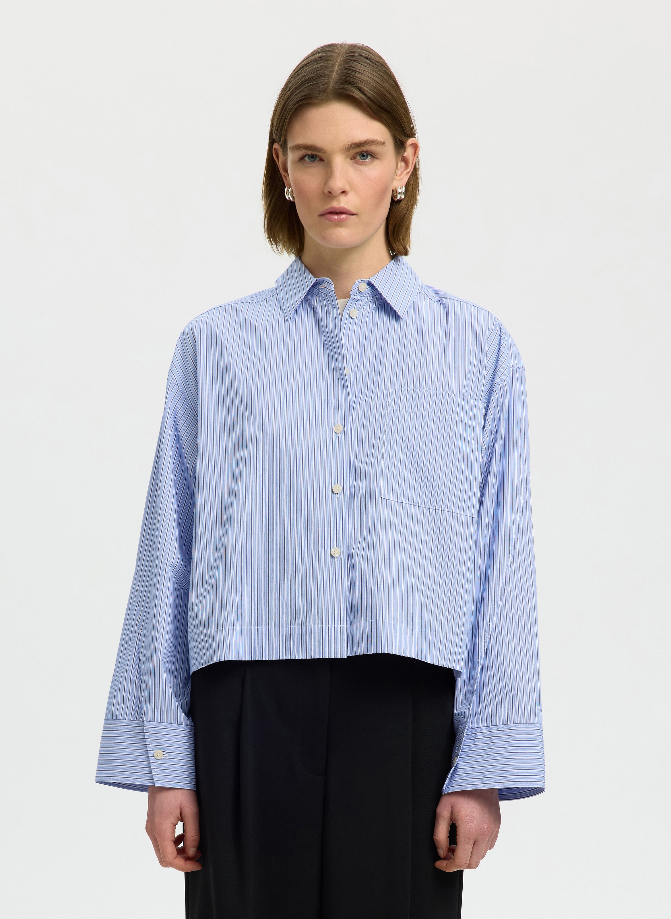 Chemise droite col classique rayée en coton bio SELECTED Bleu