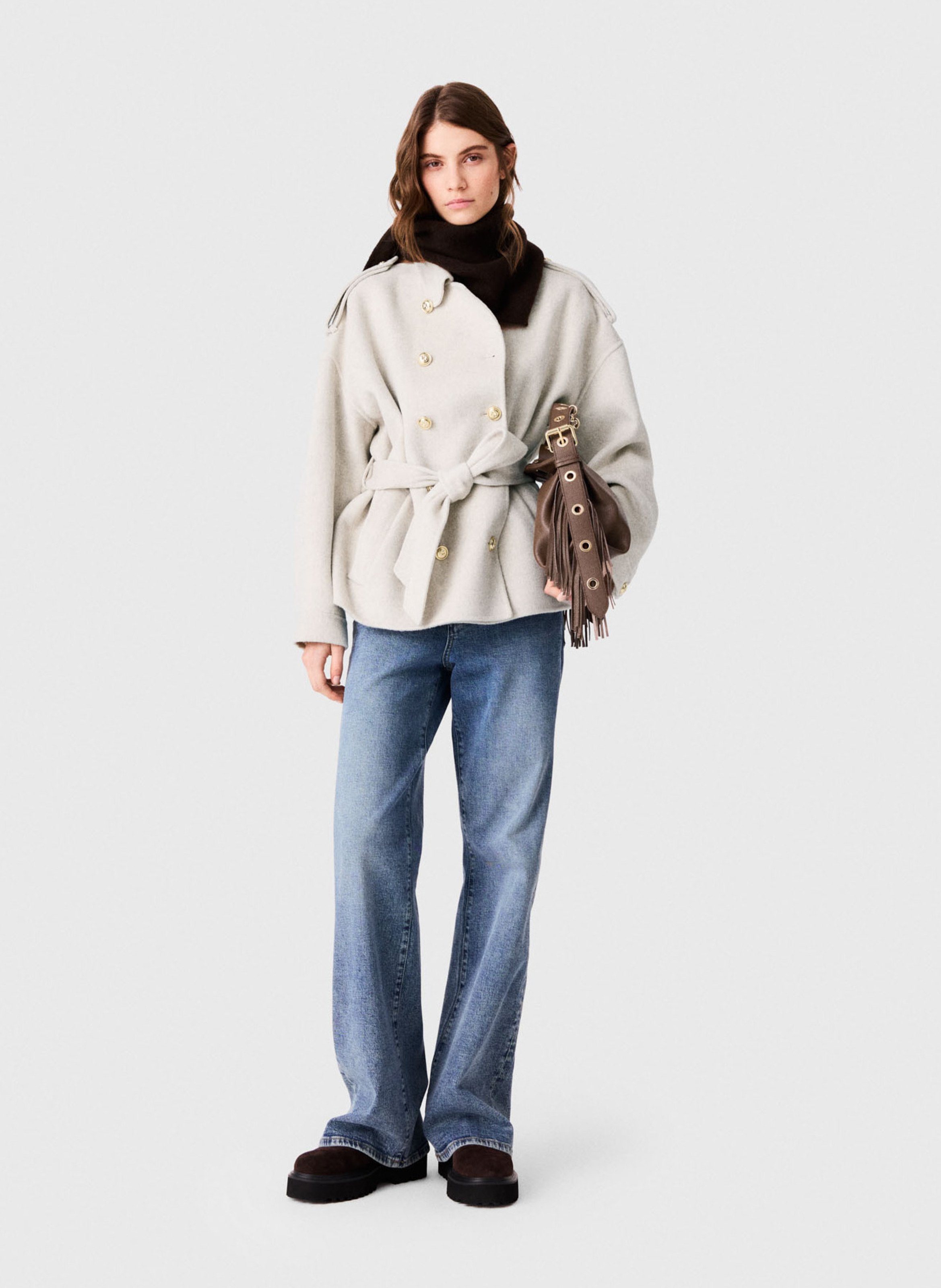 Manteau droit col classique en laine mélangée MAJE Beige