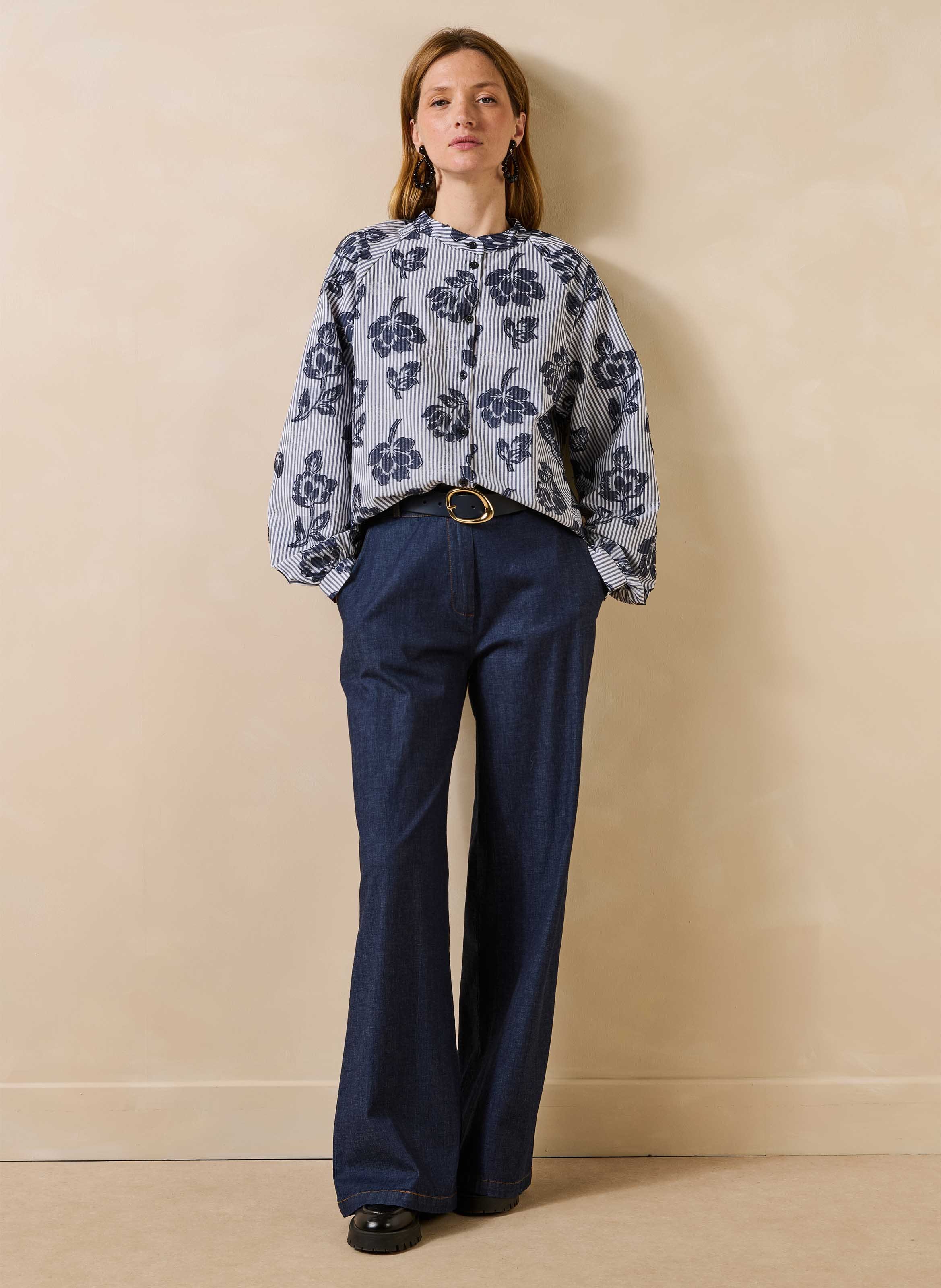 Chemise rayée col rond en coton mélangé LA FEE MARABOUTEE Bleu