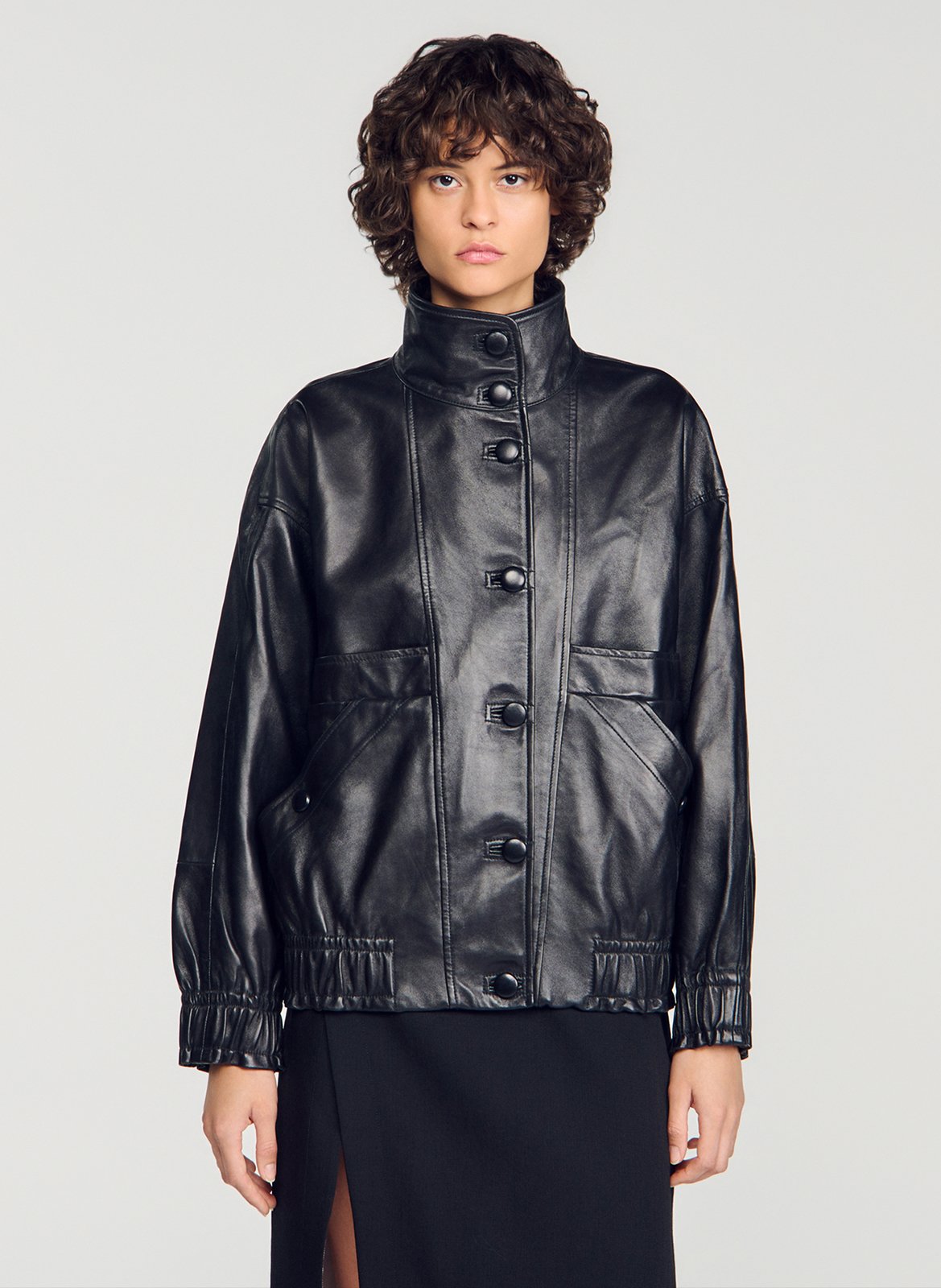Oversize-Blouson aus Leder SANDRO Schwarz
