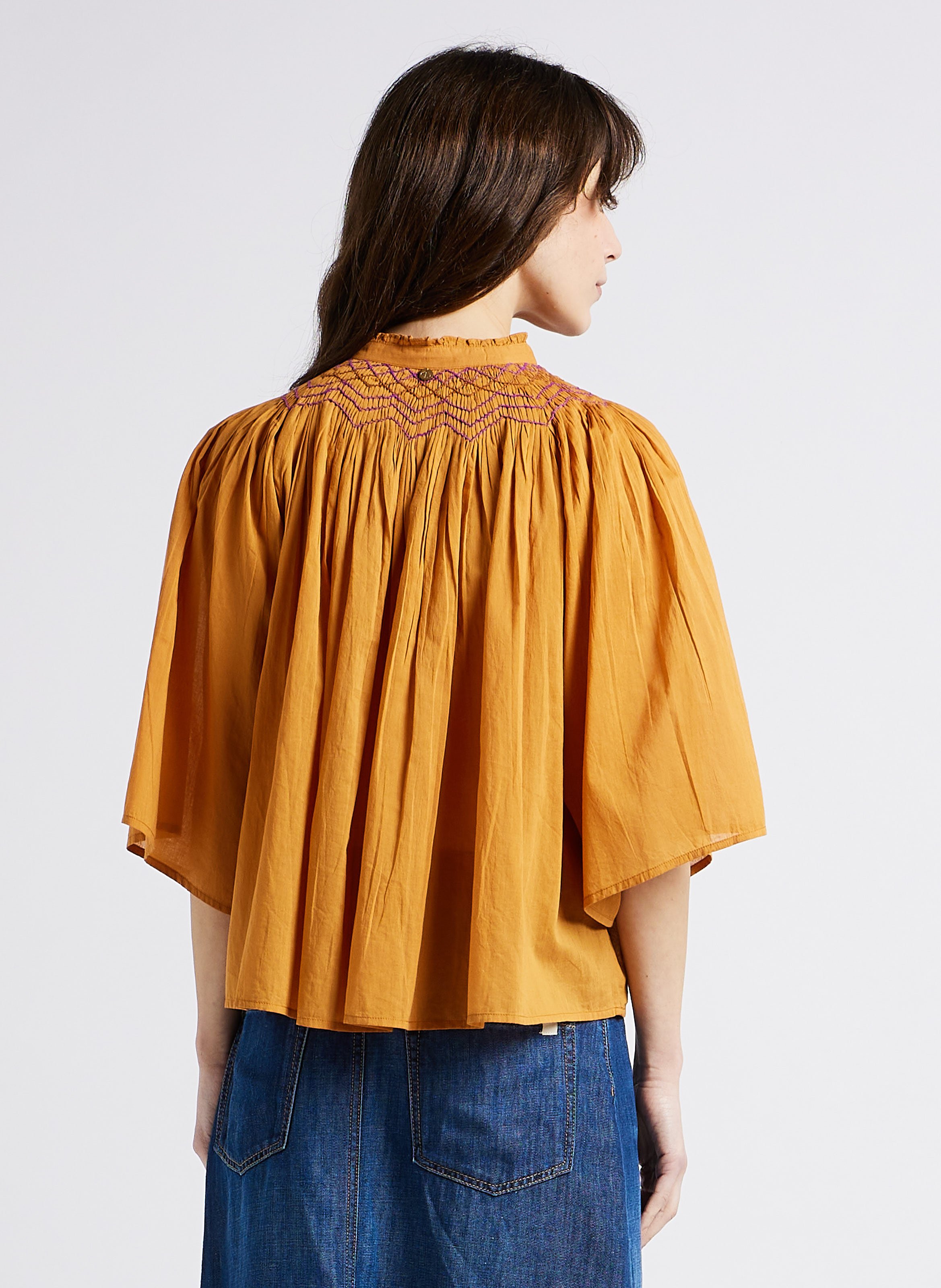 Loose-fit embroidered cotton blouse with mandarin collar ANTIK BATIK Brown