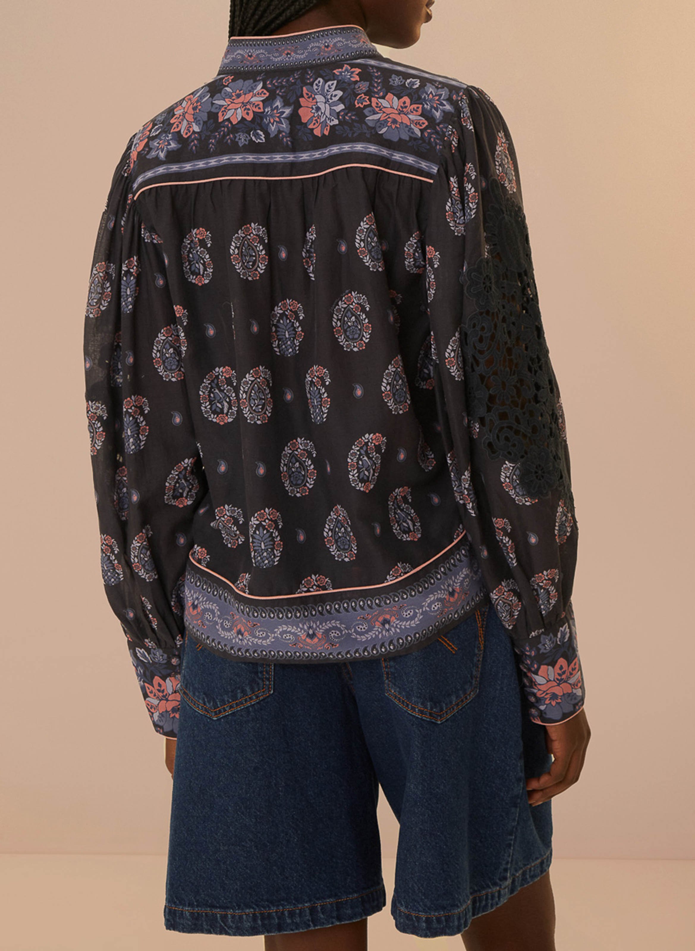 Straight high-neck cotton printed blouse FARM RIO Blue