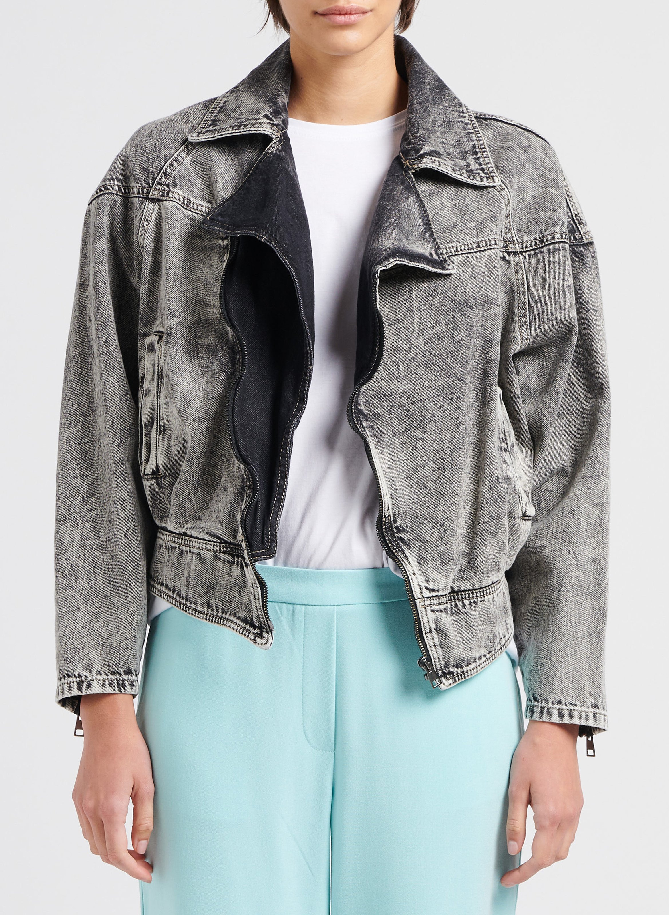 Veste en jean col tailleur en coton PLEASE Noir