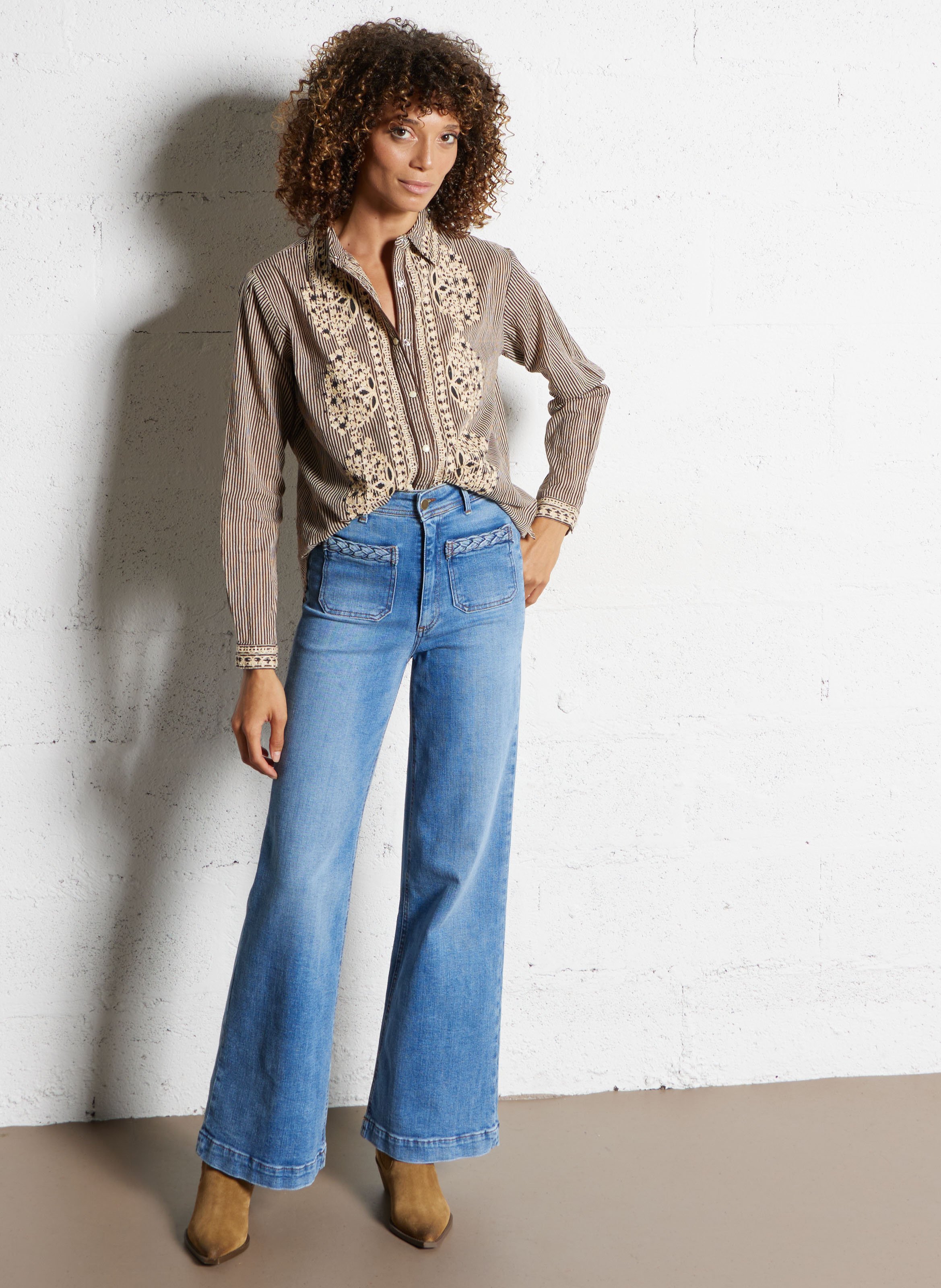 Buttoned striped decorated shirt with long sleeves MAISON HOTEL Beige