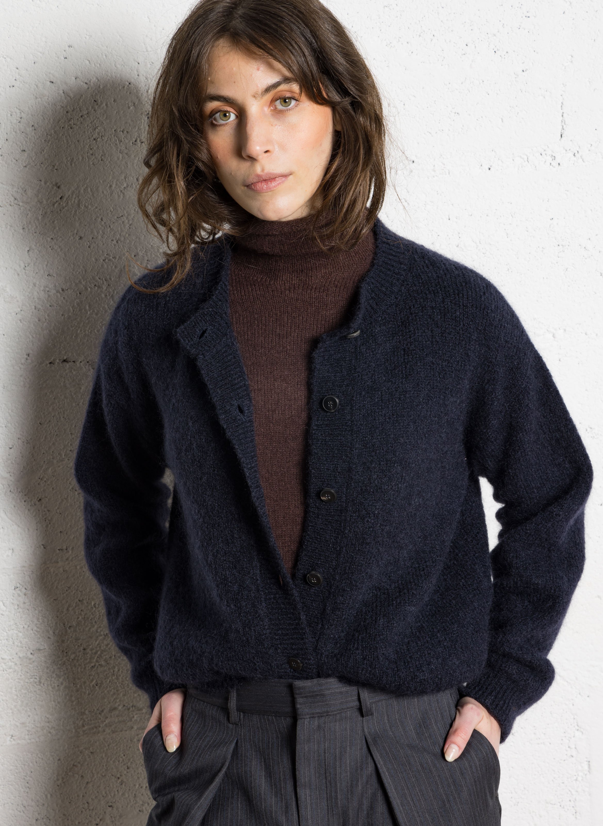 Cardigan boutonné en laine mélangée POMANDERE Bleu