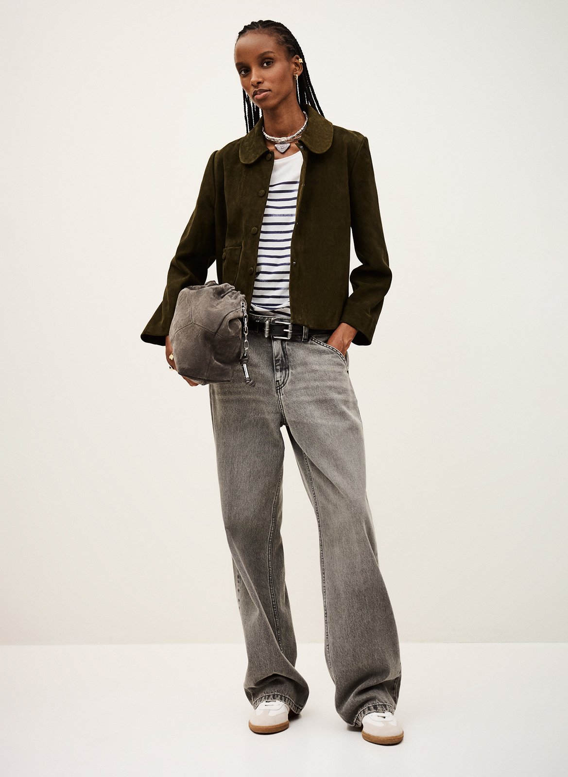 Veste courte en cuir velours BA&SH Kaki