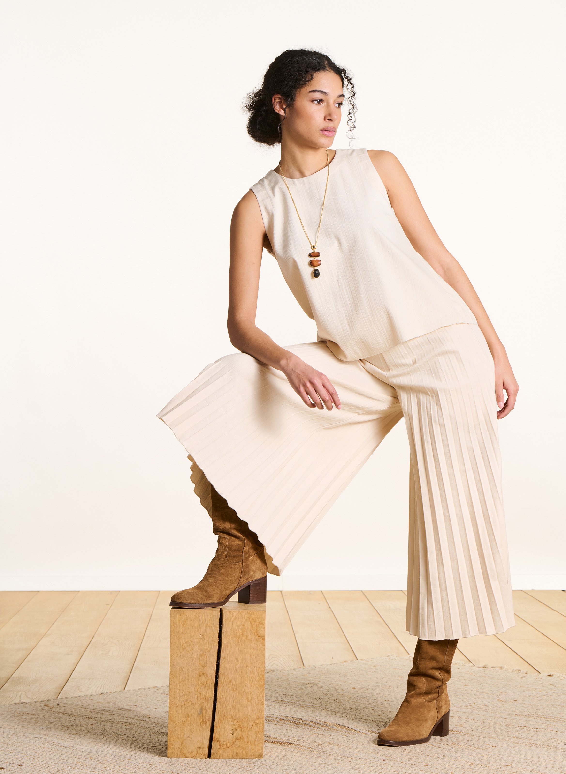 Pantalon large plissé en coton mélangé LA FEE MARABOUTEE Blanc