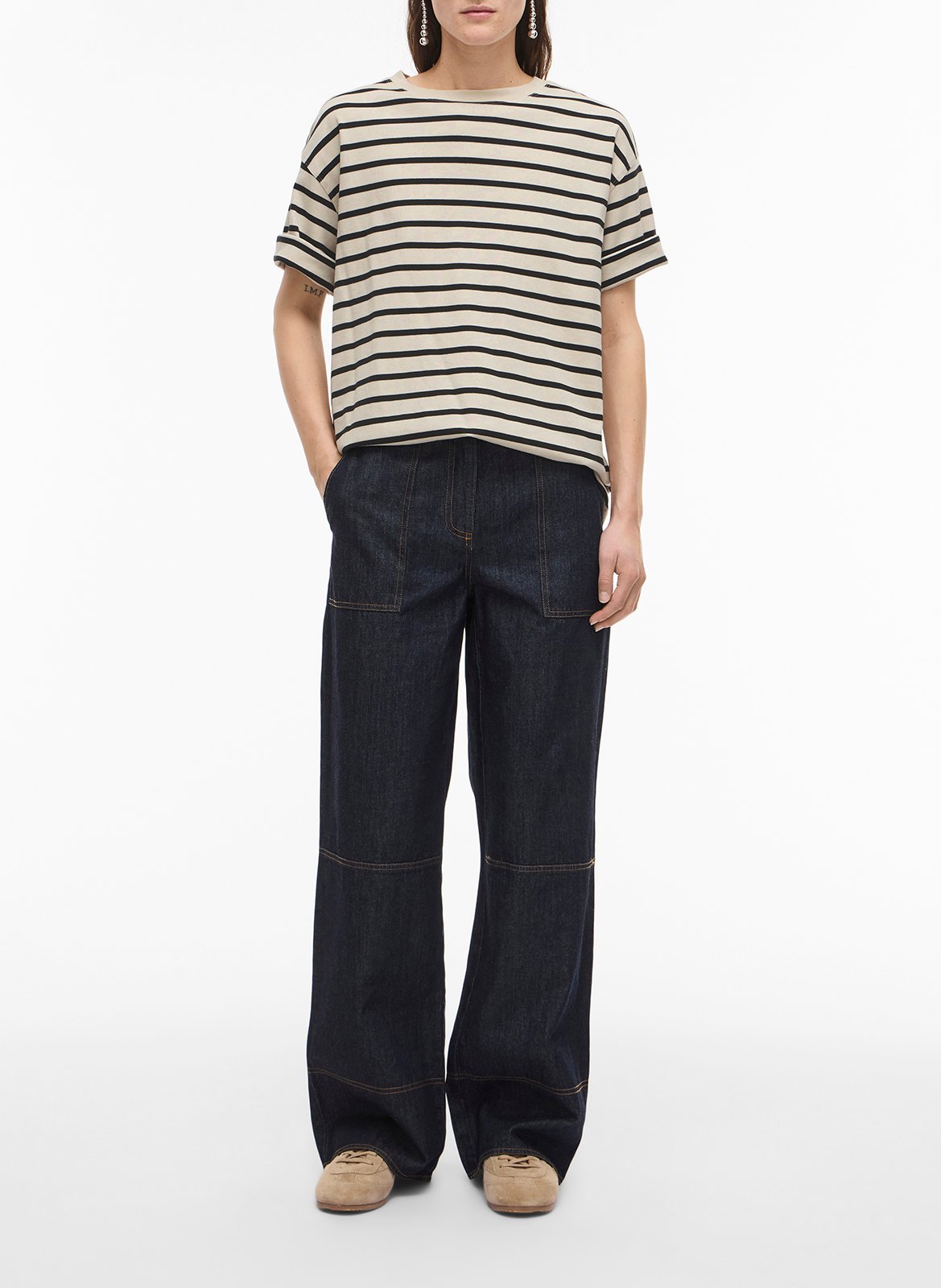 Straight round neck striped organic cotton T-shirt ROUGE EDIT Beige