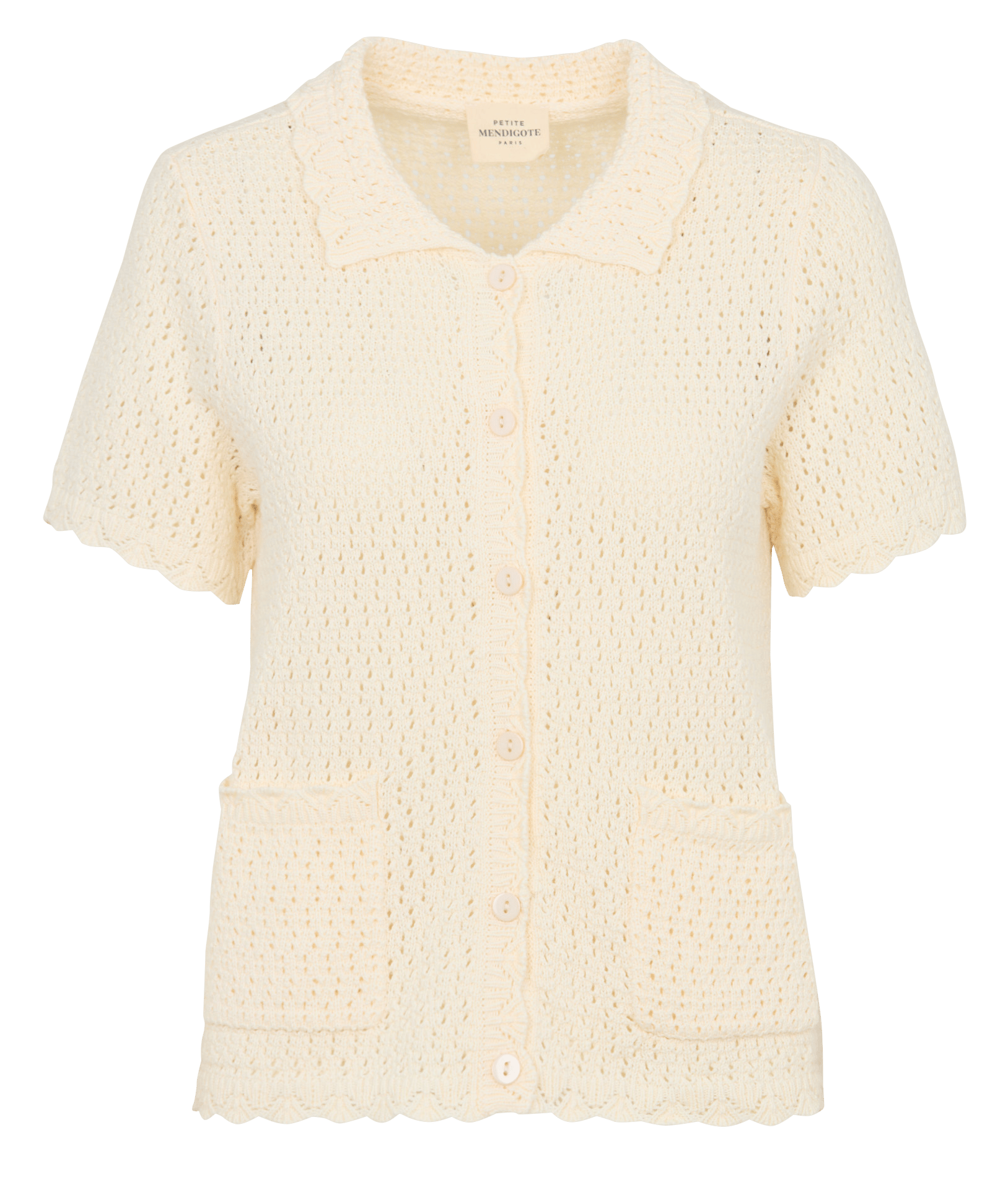 Gerade geschnittene Strickweste mit klassischem durchbrochenem Kragen aus Baumwolle. PETITE MENDIGOTE