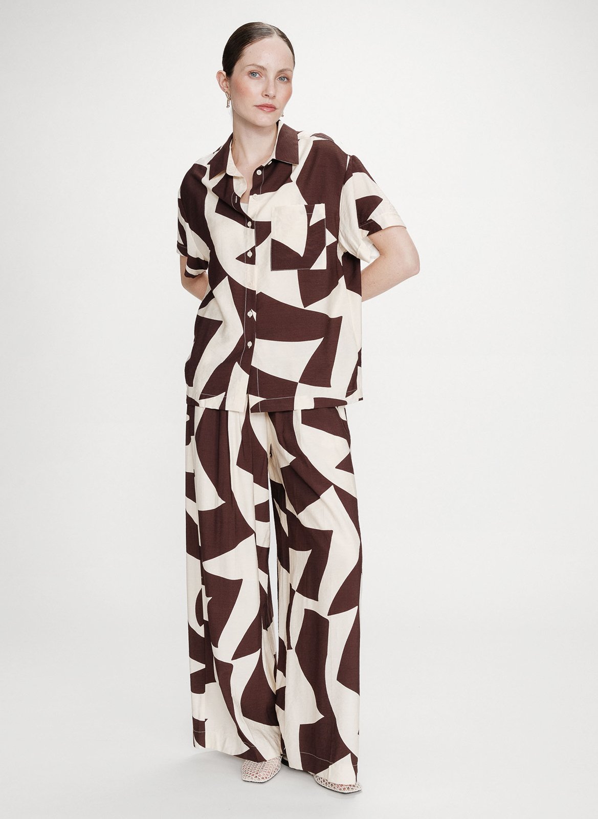 Pantalon large taille mi-haute imprimé GRACE ET MILA Marron