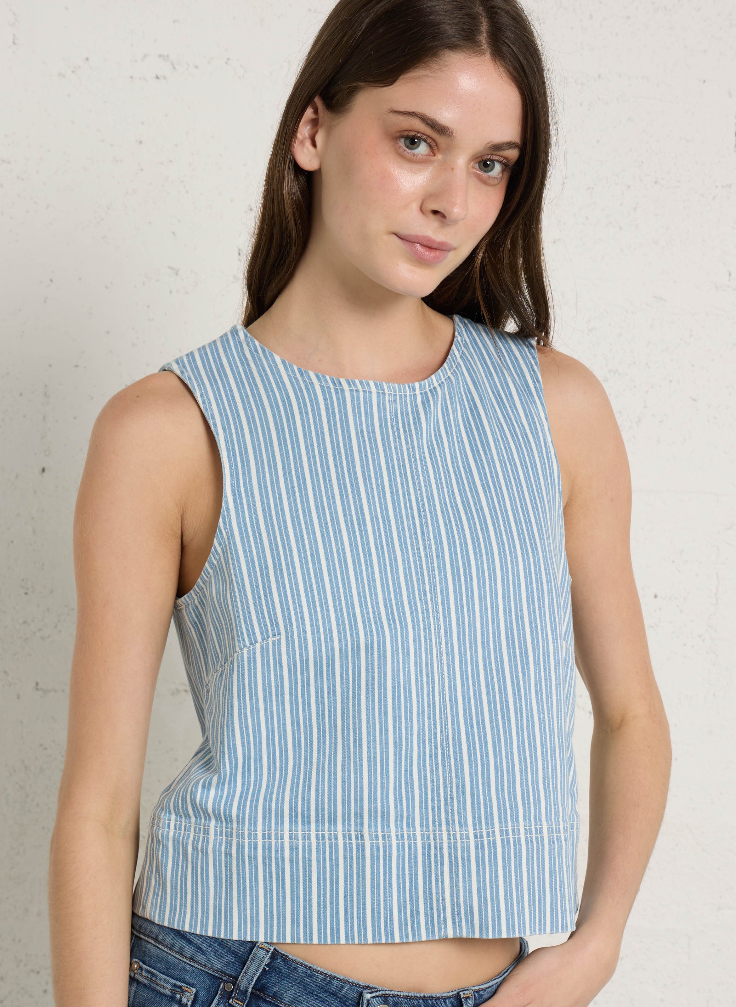 Top droit col rond en coton mélangé rayé MAISON 123 Bleu