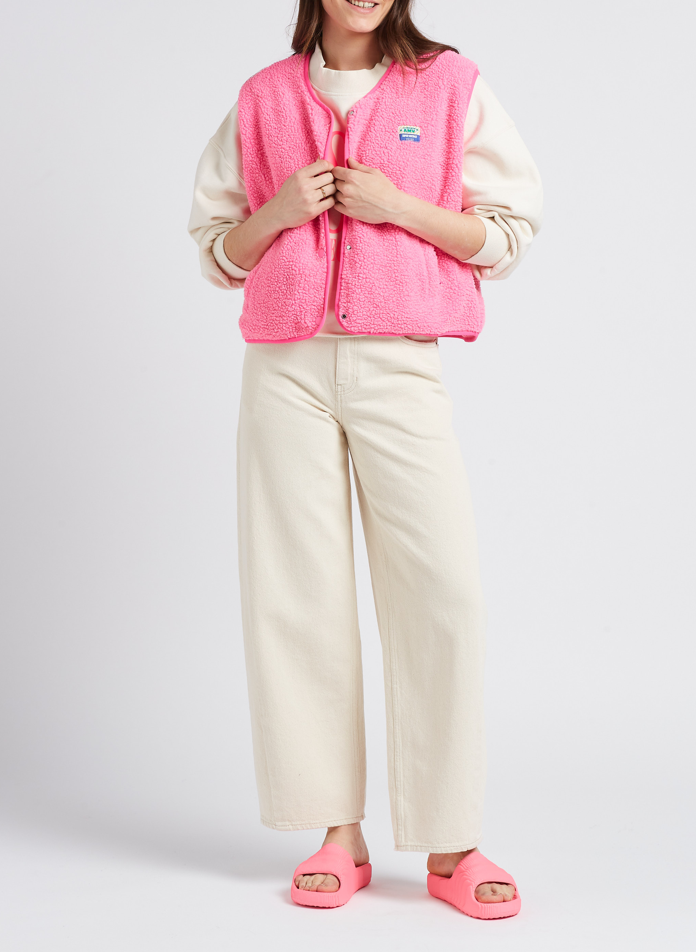 Round-neck fleecy sleeveless cardigan AMERICAN VINTAGE Pink