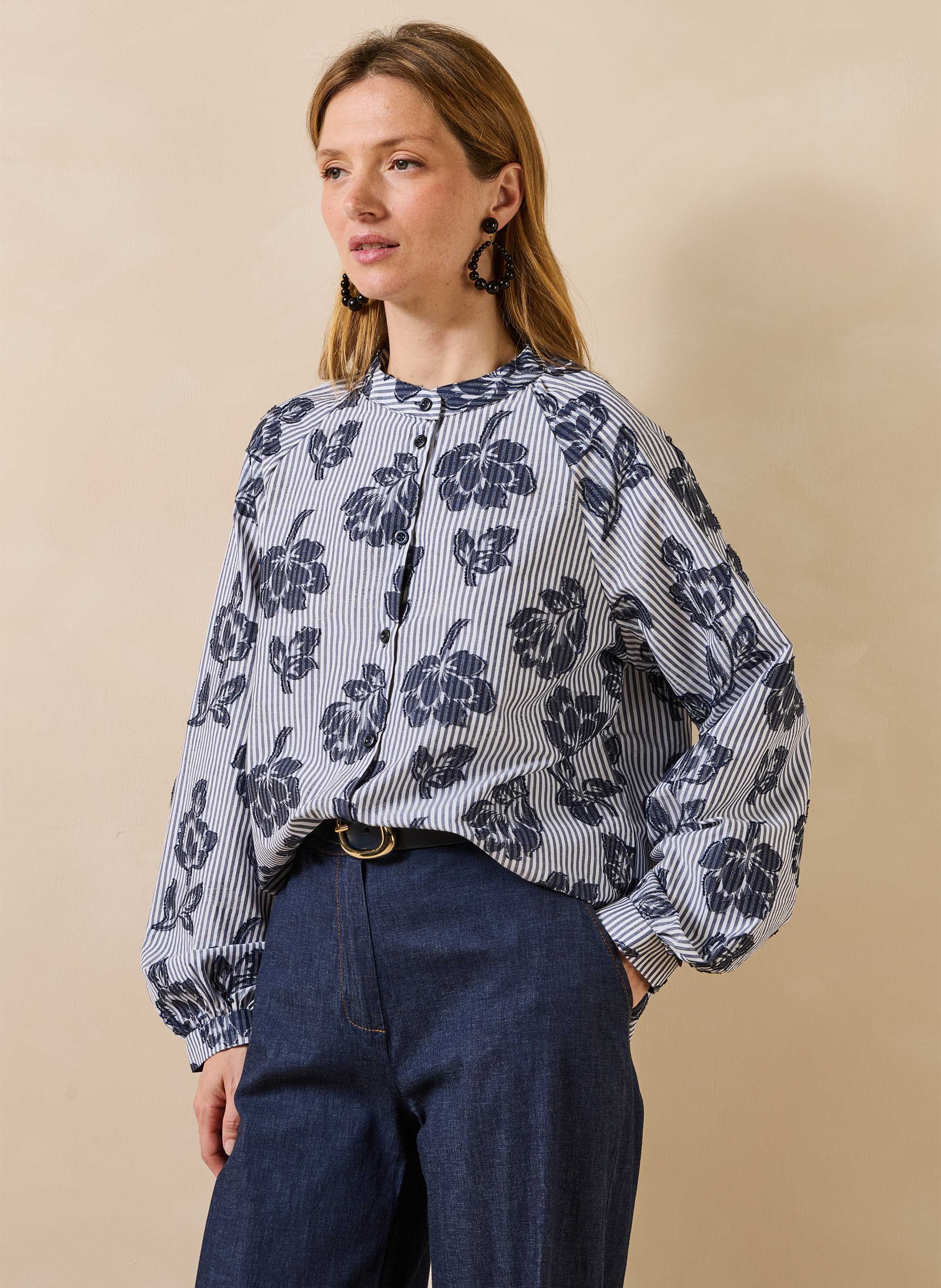 Chemise rayée col rond en coton mélangé LA FEE MARABOUTEE Bleu