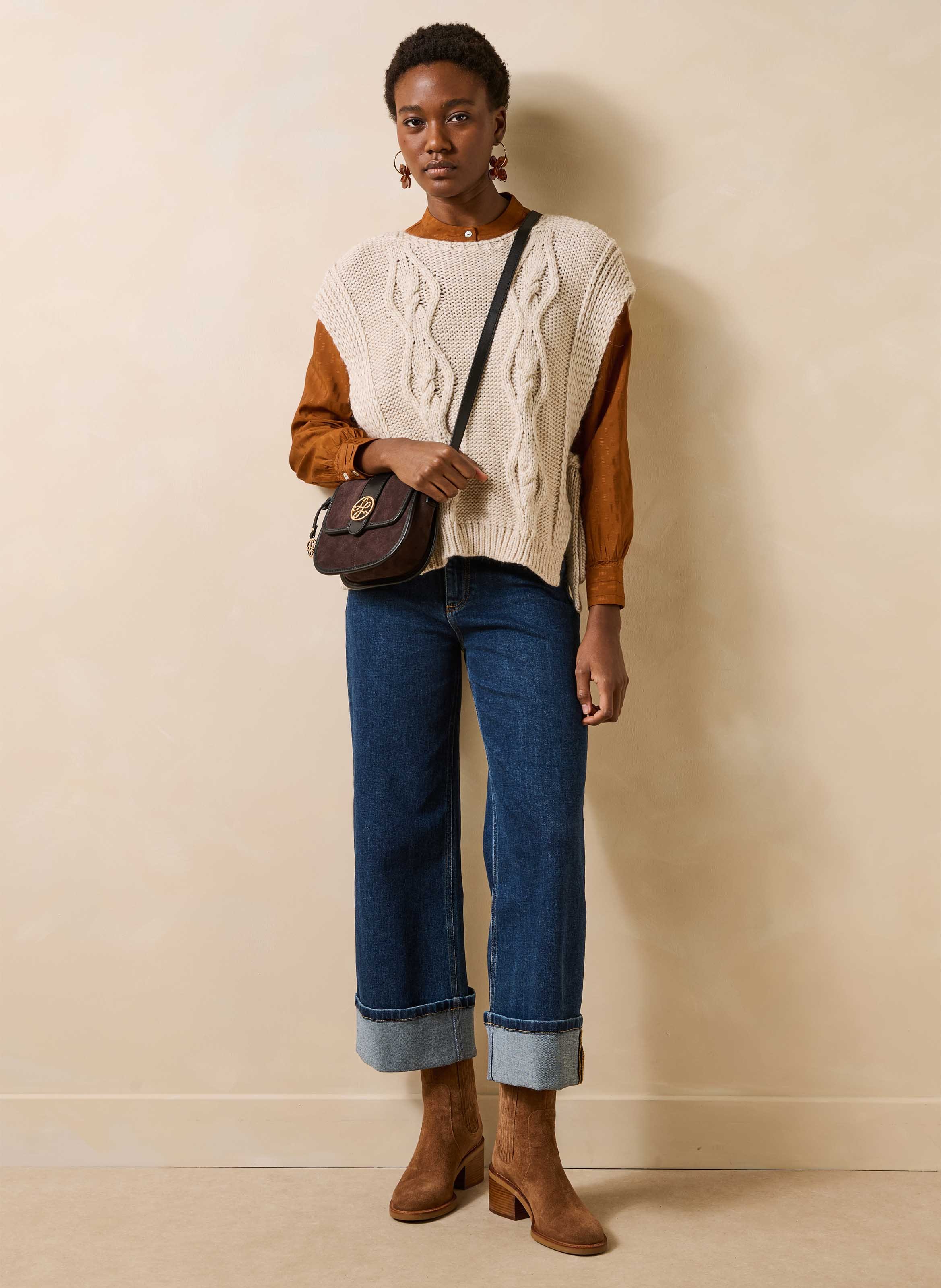 Pull sans manches ample en maille torsade LA FEE MARABOUTEE Beige