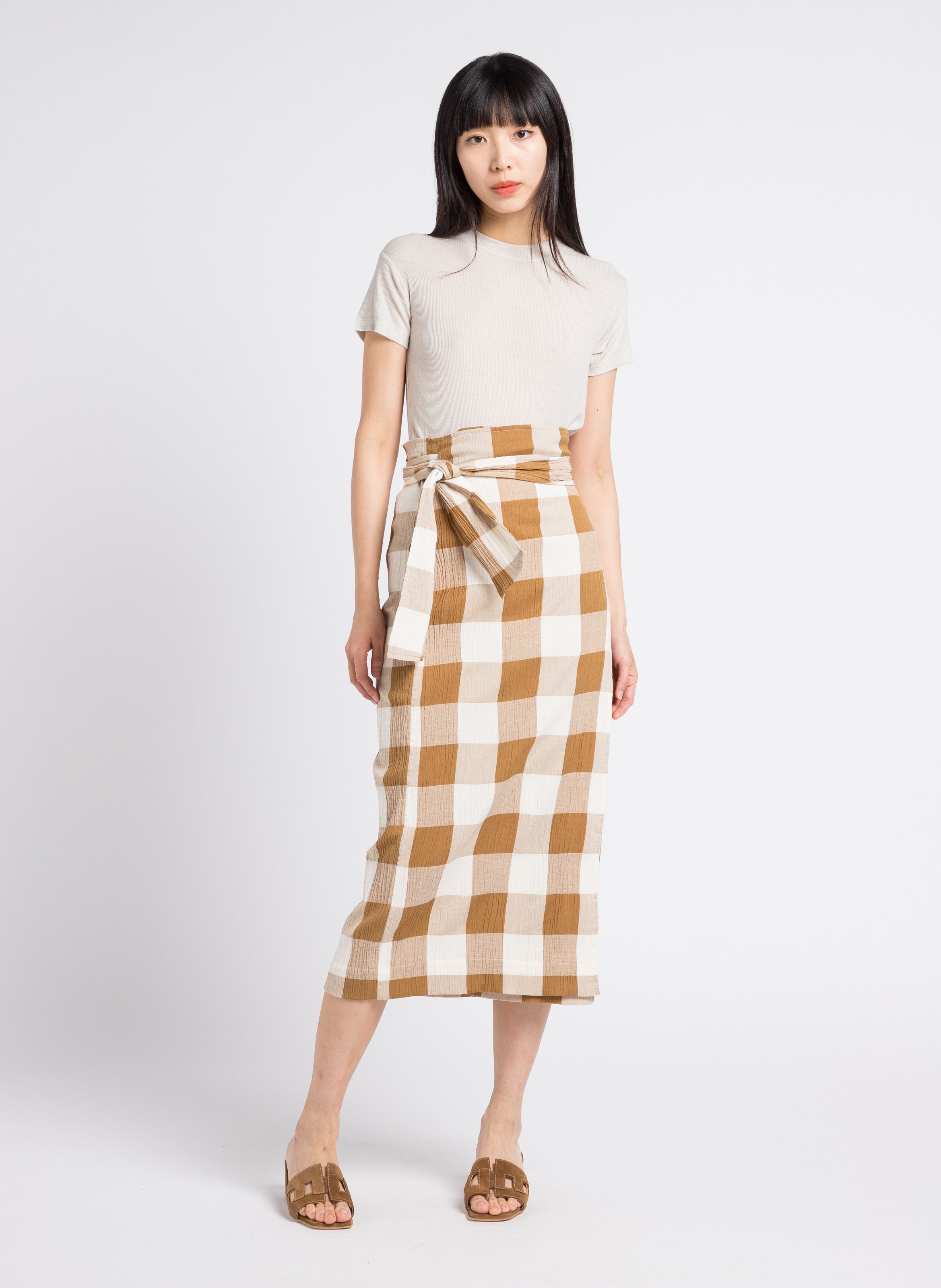 Jupe longue droite cache-cœur en coton bio mélangé RITA ROW Marron