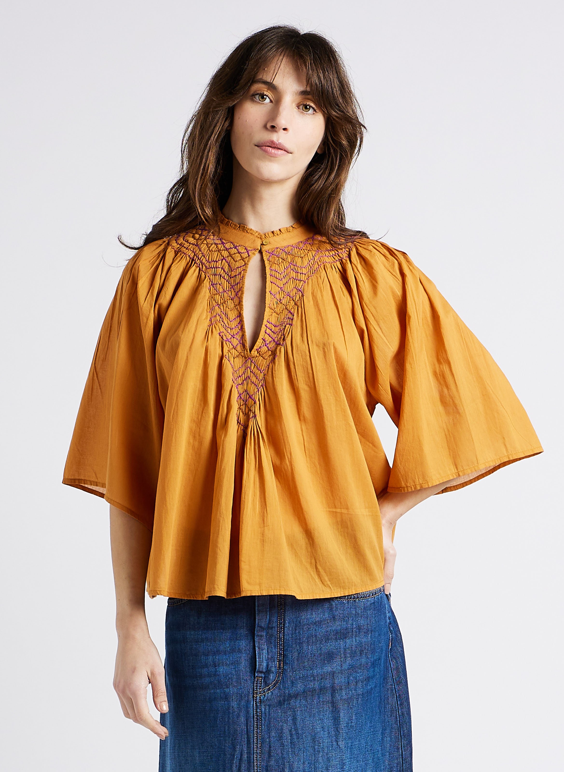 Loose-fit embroidered cotton blouse with mandarin collar ANTIK BATIK Brown