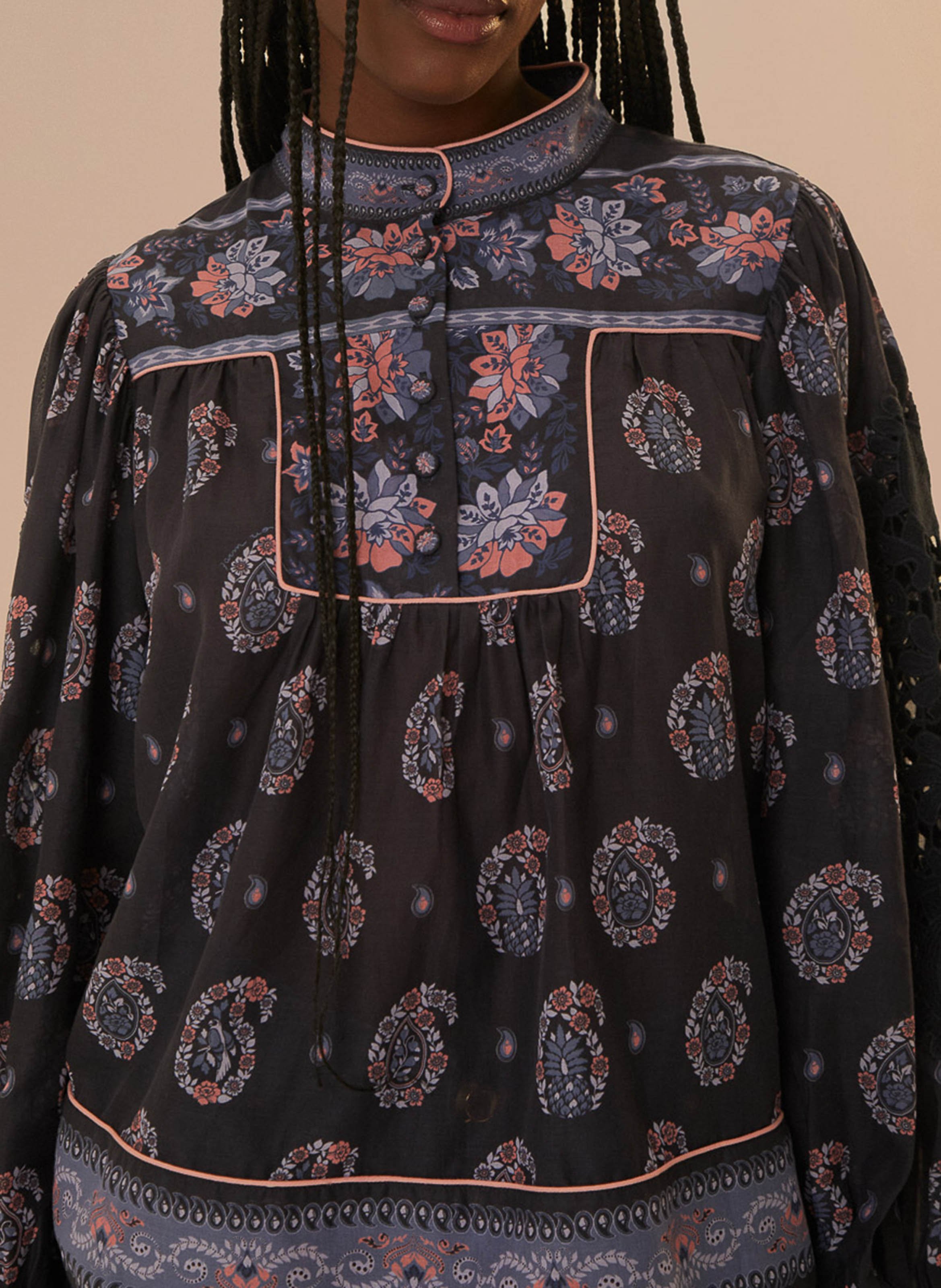 Straight high-neck cotton printed blouse FARM RIO Blue