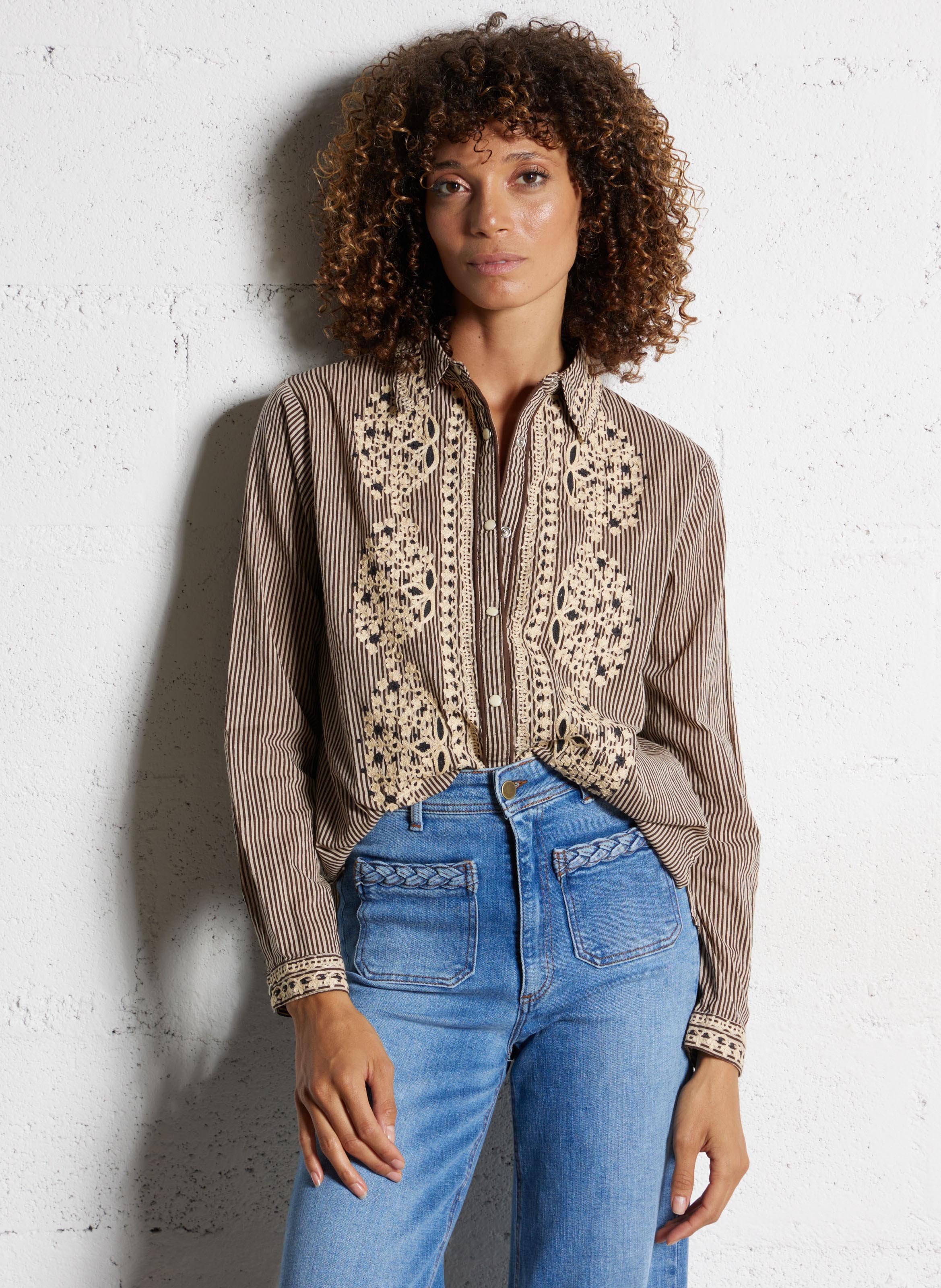 Buttoned striped decorated shirt with long sleeves MAISON HOTEL Beige