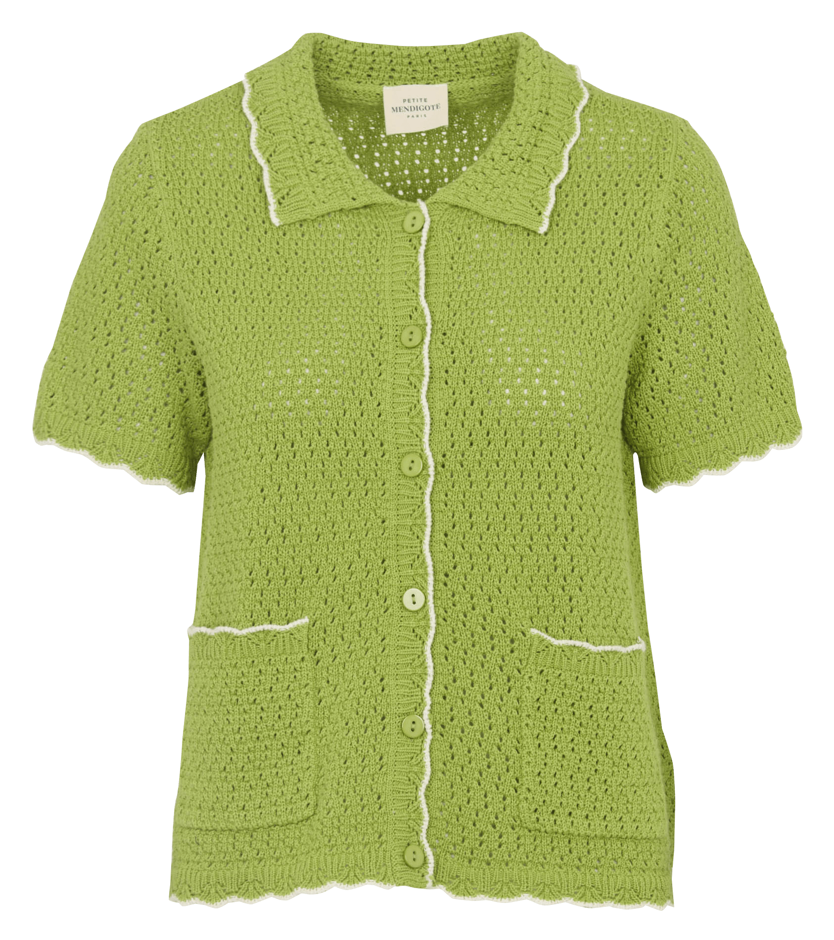 Gerade geschnittene Strickweste mit klassischem durchbrochenem Kragen aus Baumwolle. PETITE MENDIGOTE