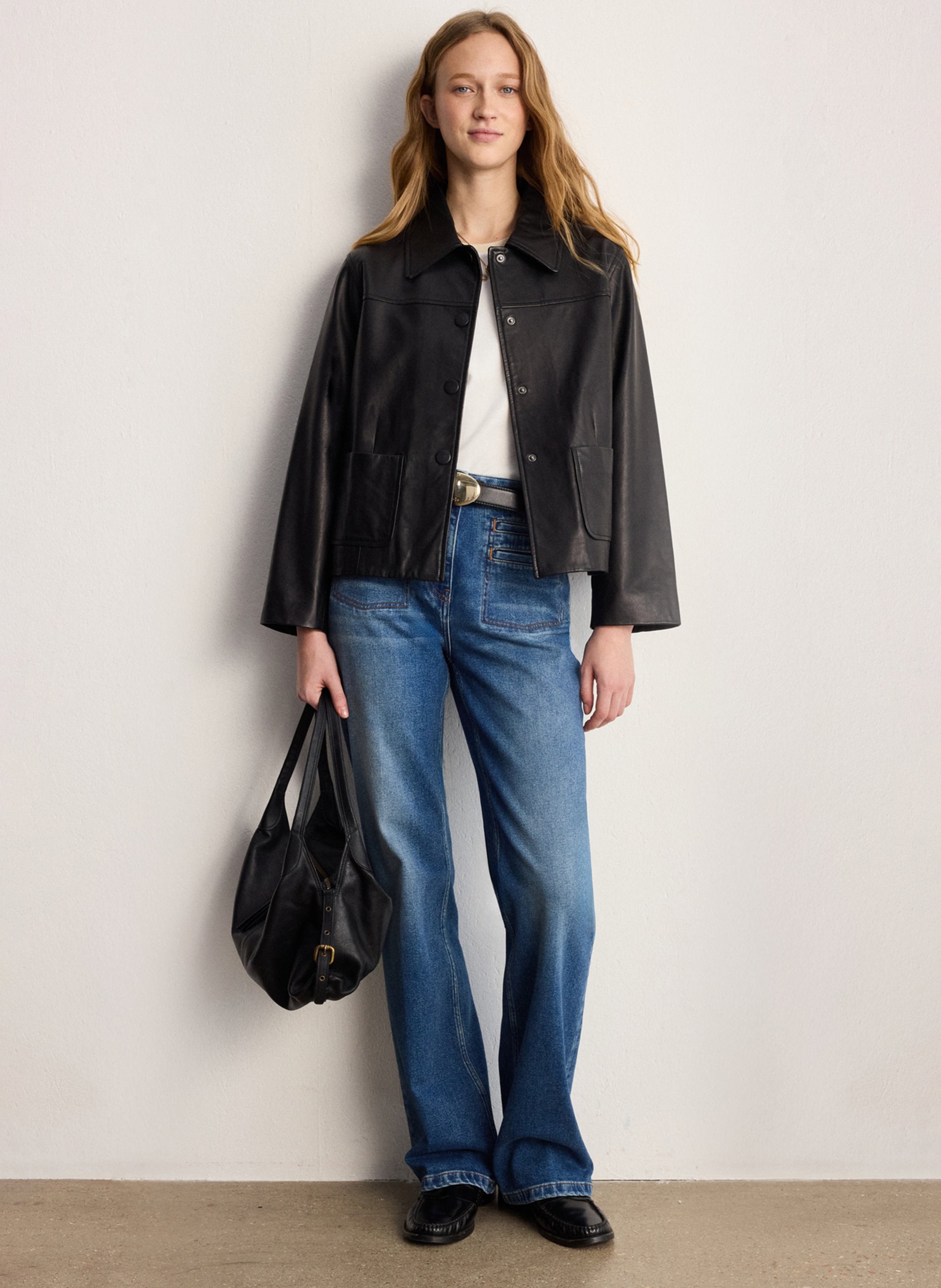 Straight leather jacket with classic collar PABLO Black