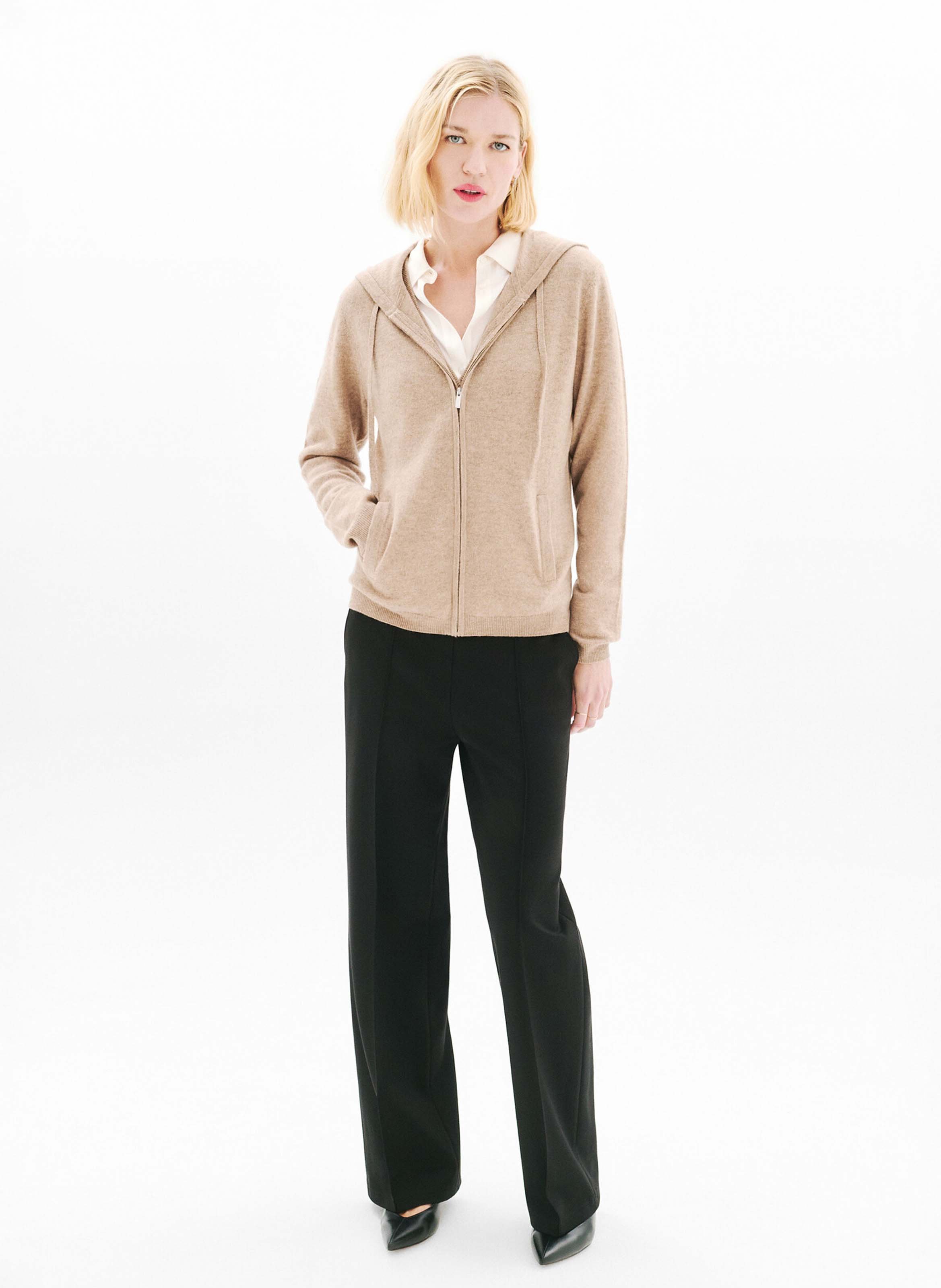 Straight wool and cashmere hooded cardigan CAROLL Brown