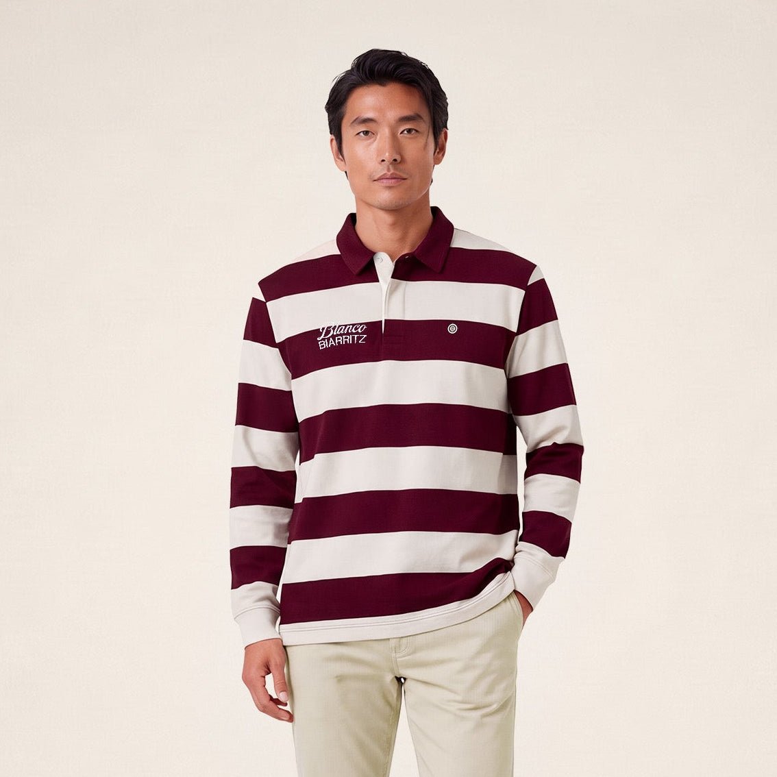 Striped long-sleeved rugby polo shirt with BLANCO BIARRITZ vine red embroidery SERGE BLANCO Red