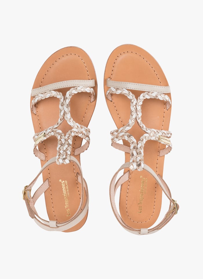 Flat Braided Metallic Leather Sandals Creme Multi Les Tropeziennes