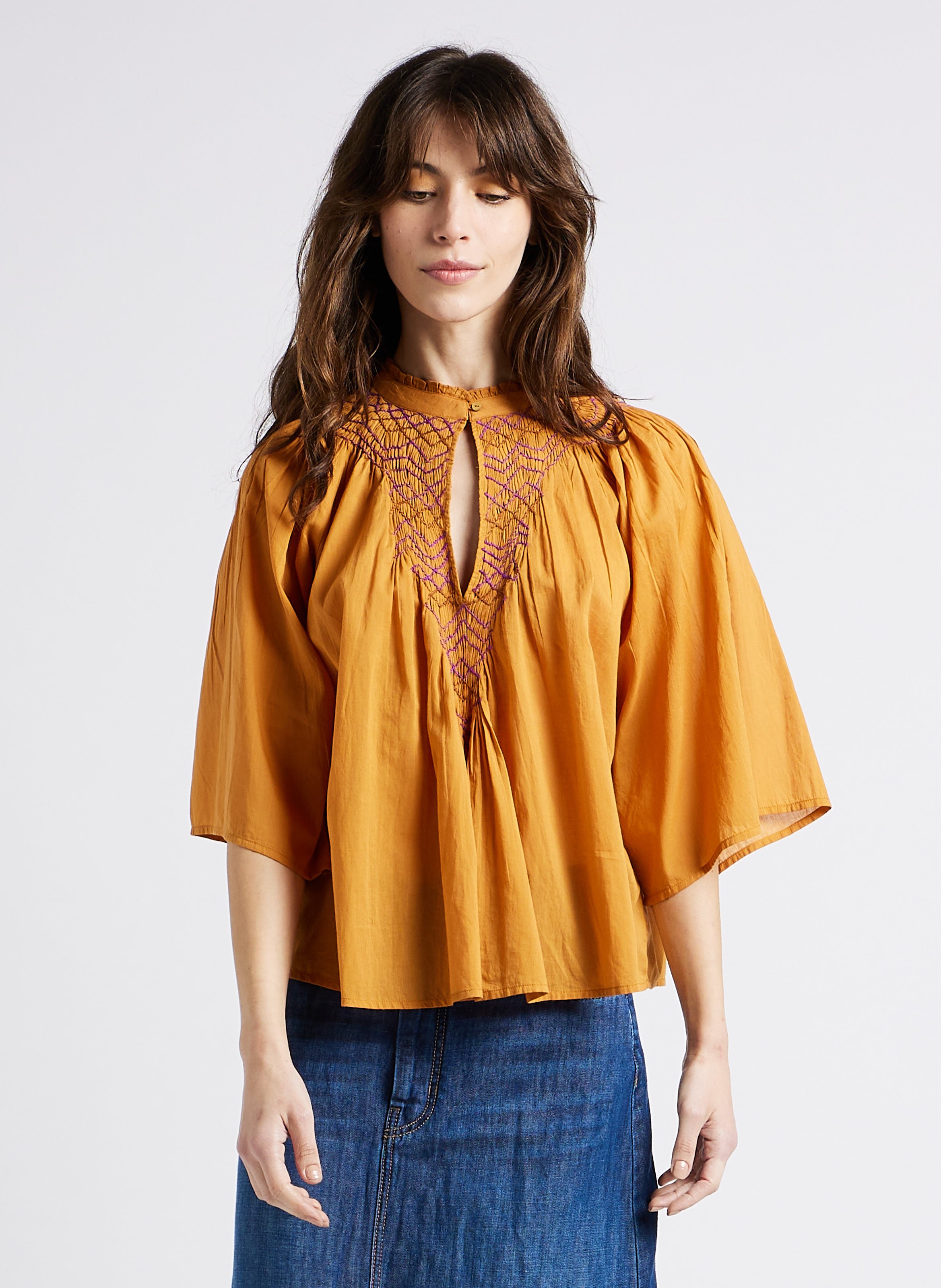 Loose-fit embroidered cotton blouse with mandarin collar ANTIK BATIK Brown