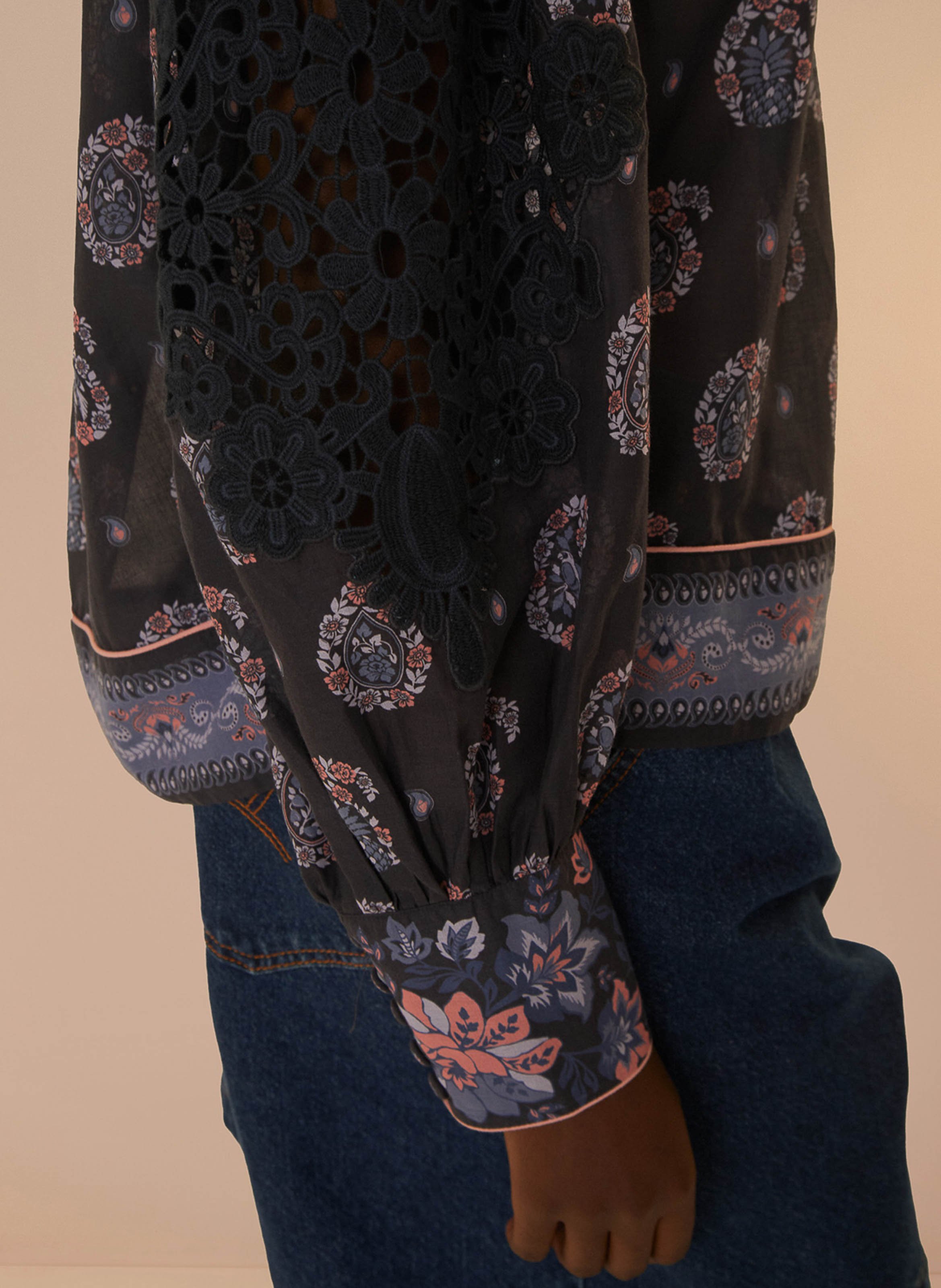 Straight high-neck cotton printed blouse FARM RIO Blue