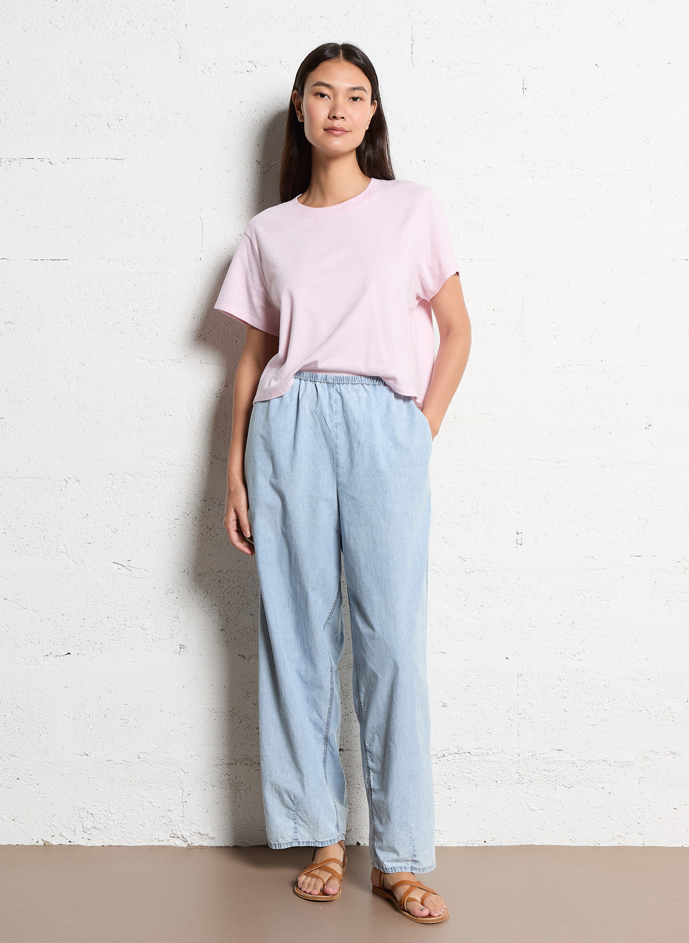 Tee shirt chiné col rond en coton mélangé  Rose