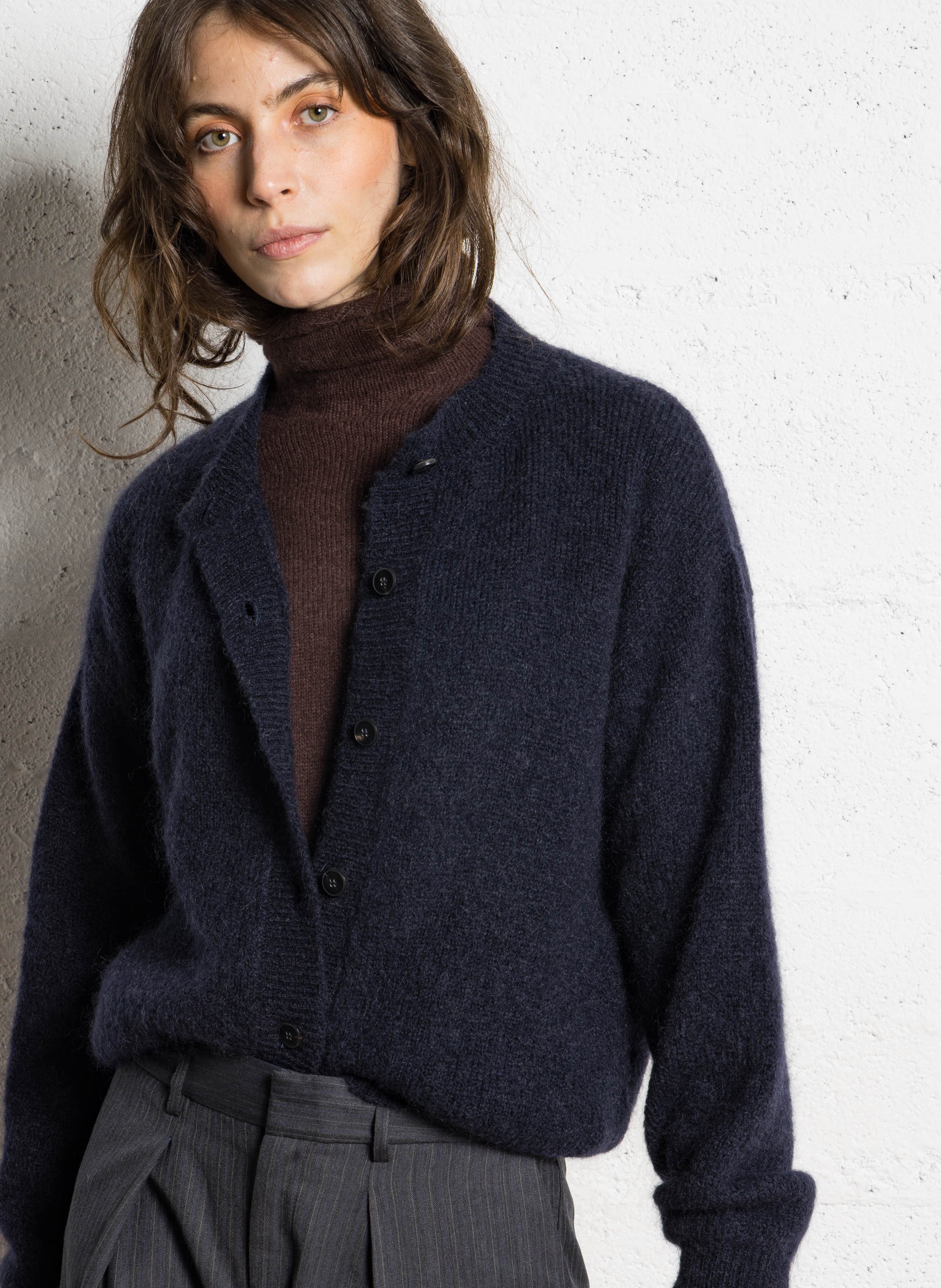 Cardigan boutonné en laine mélangée POMANDERE Bleu