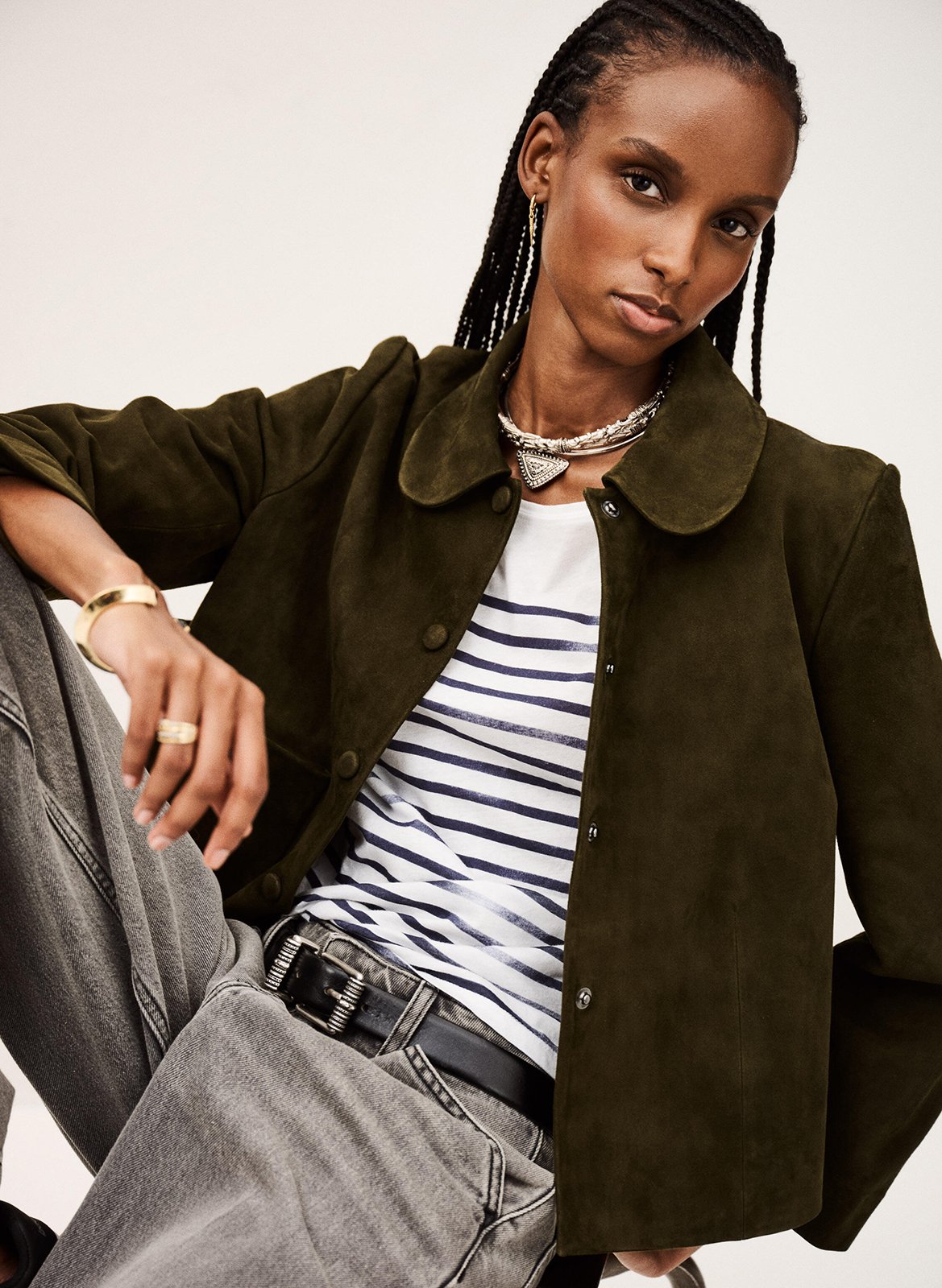 Veste courte en cuir velours BA&SH Kaki