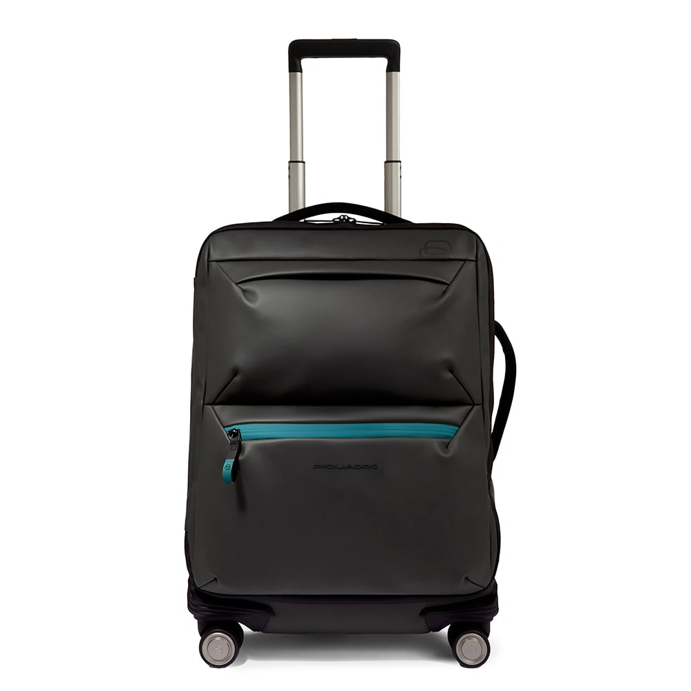 Slim 4-wheel cabin trolley suitcase in water-repellent rubber effect canvas with shock protection PIQUADRO Black
