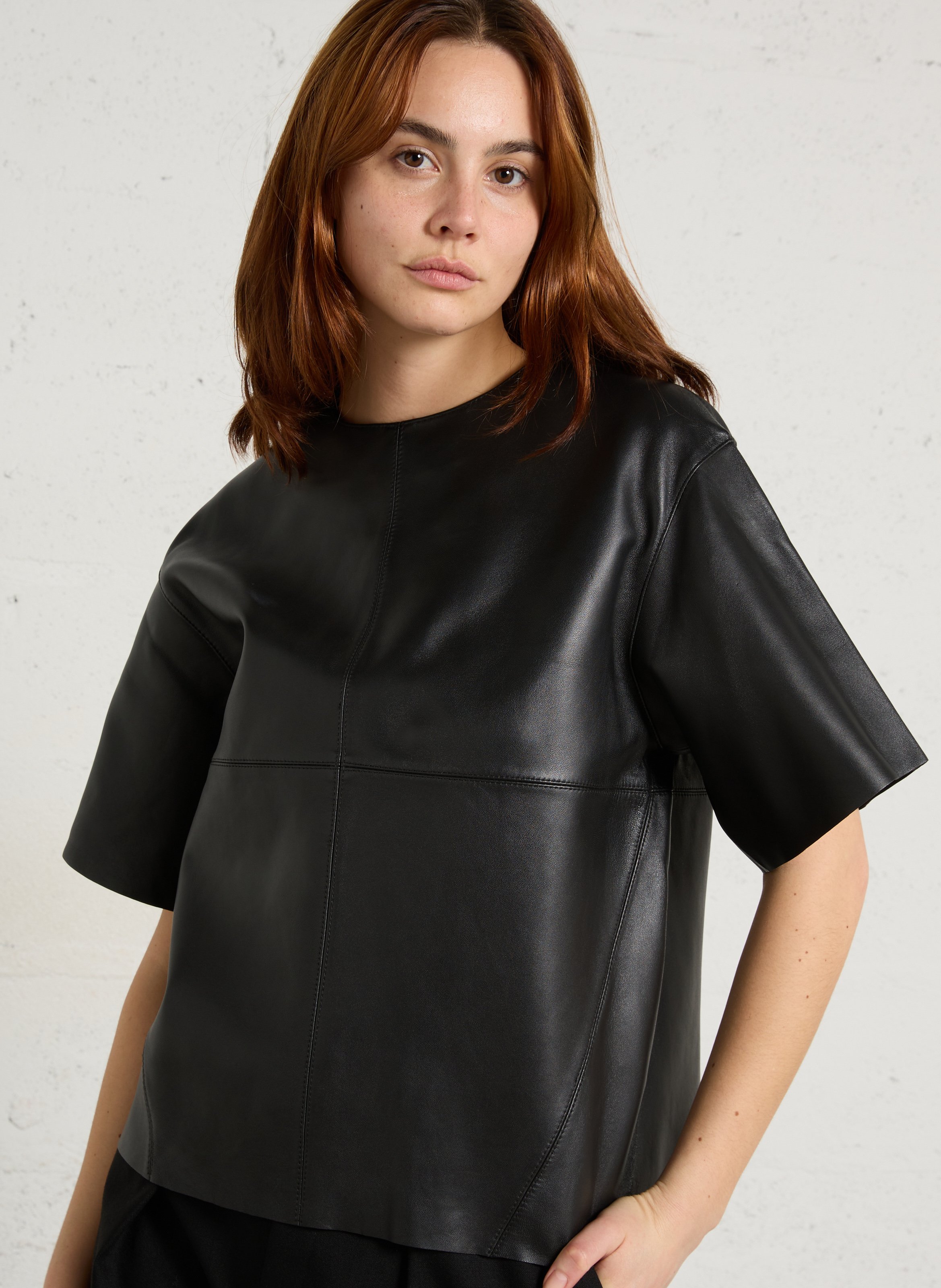 Kurzarm Lederbluse SOEUR Schwarz