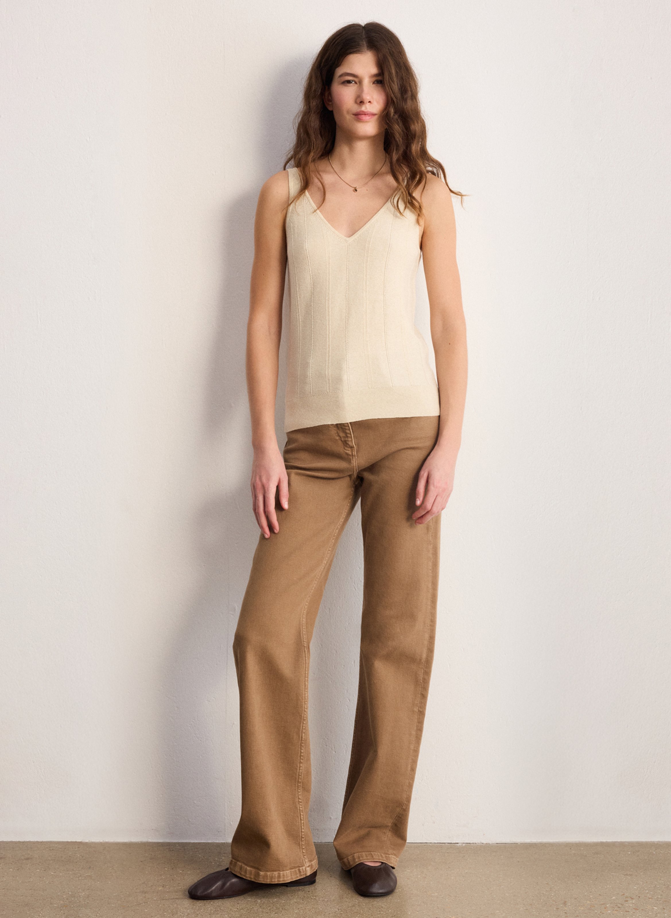 Top droit col V en coton mélangé PABLO Doré