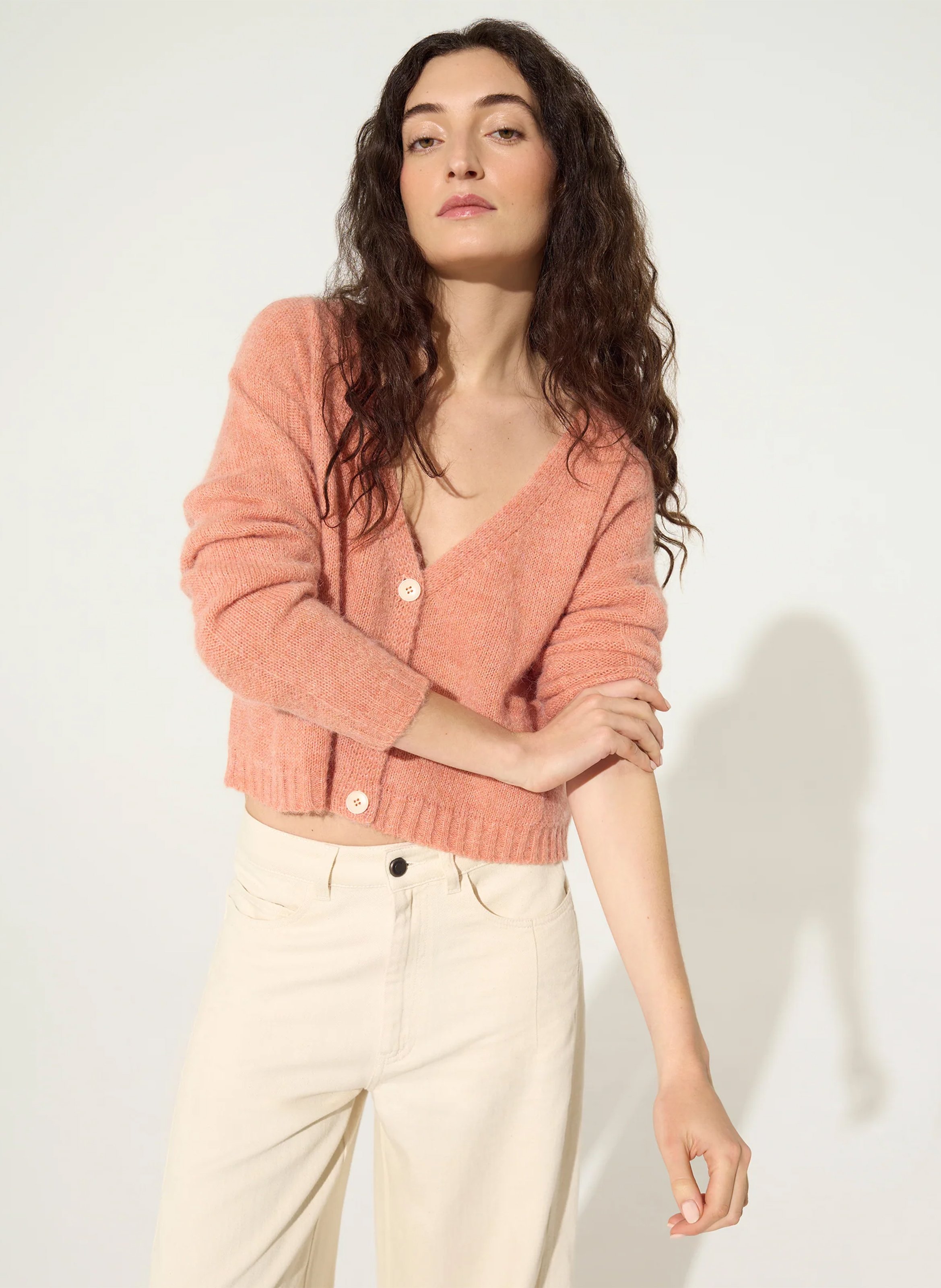 Gilet ample col V en maille mélangée ACOTE Orange