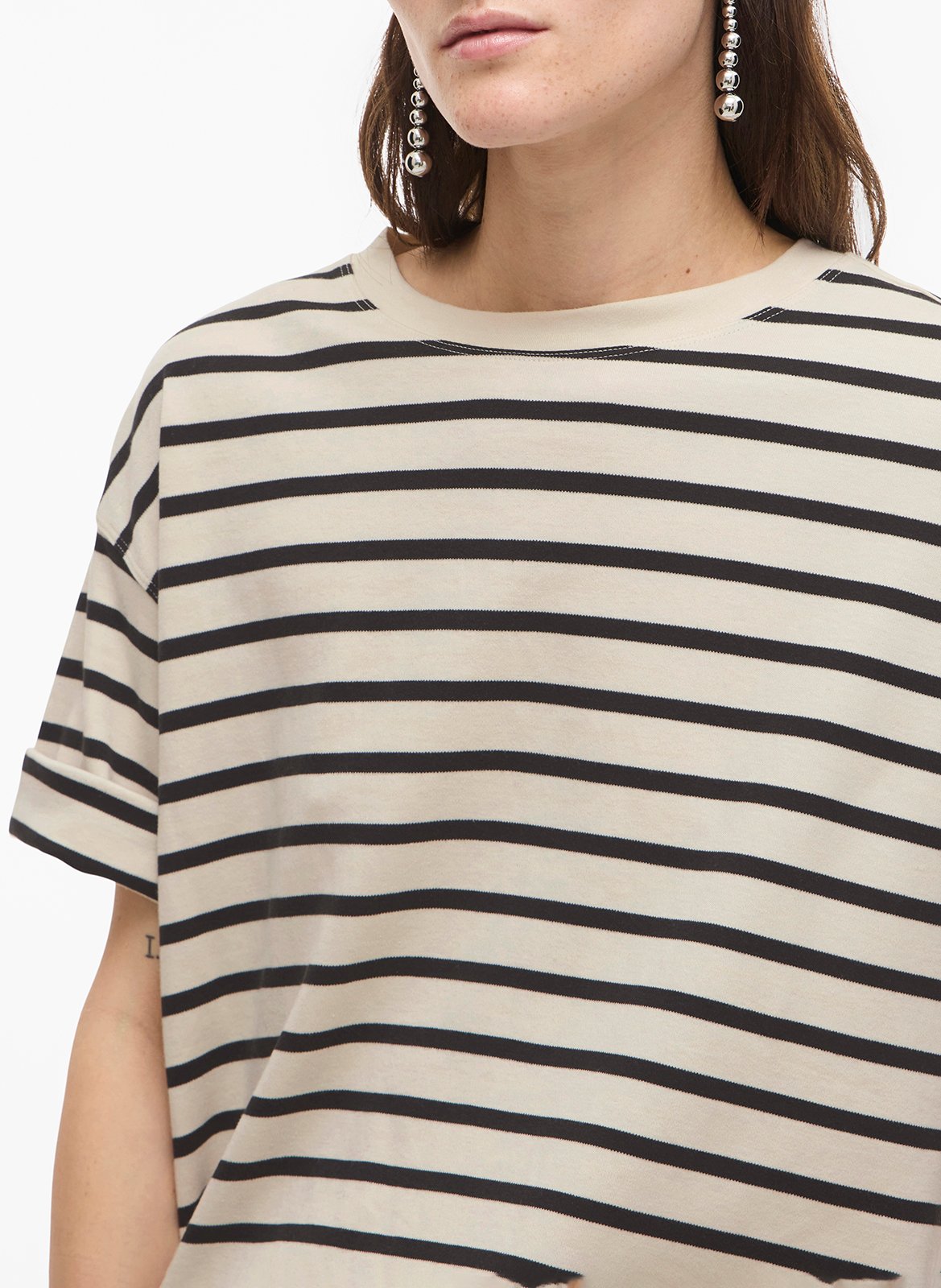 Straight round neck striped organic cotton T-shirt ROUGE EDIT Beige