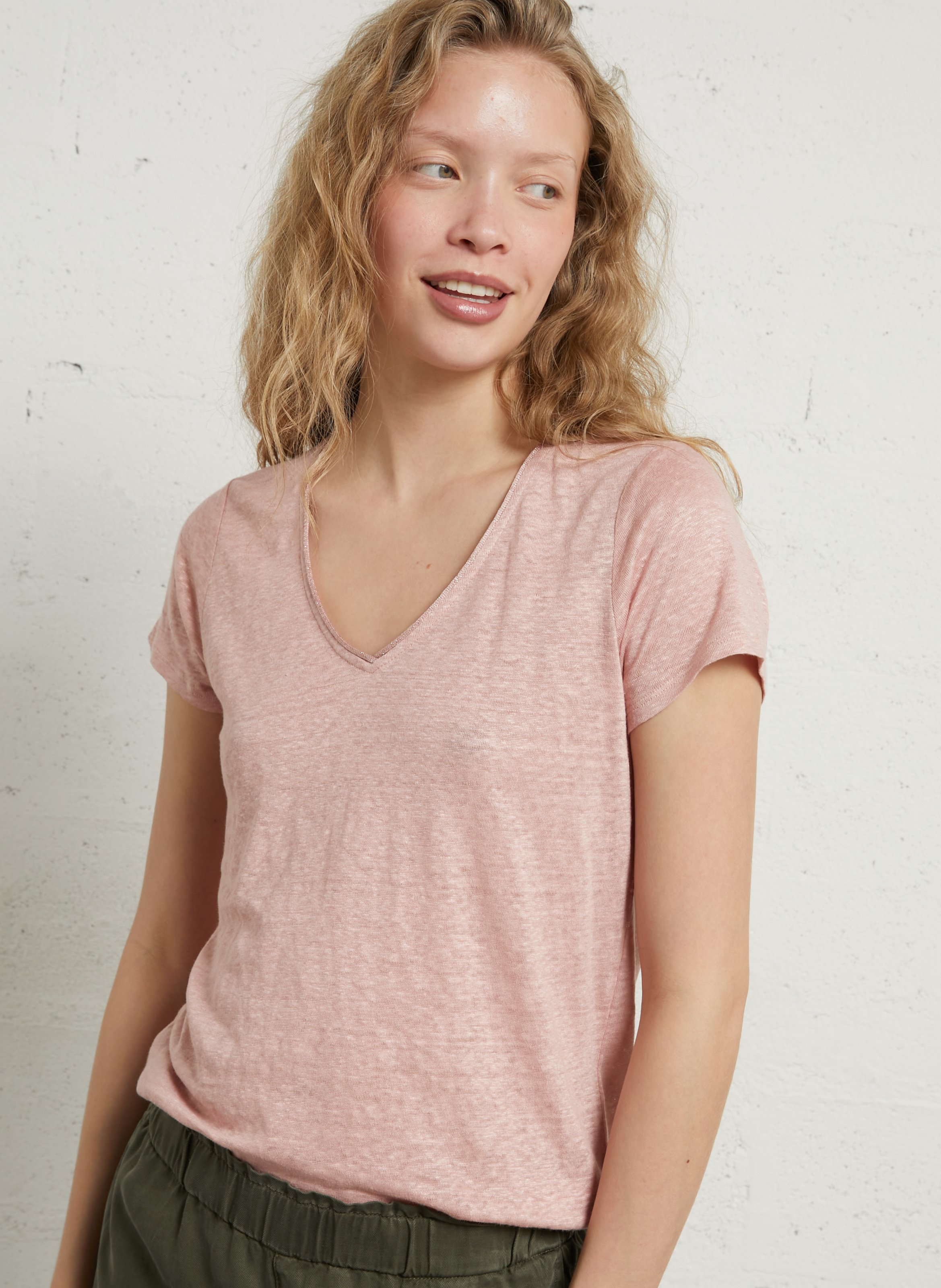 Dunne, linnen trui met V-hals SUD EXPRESS Roze