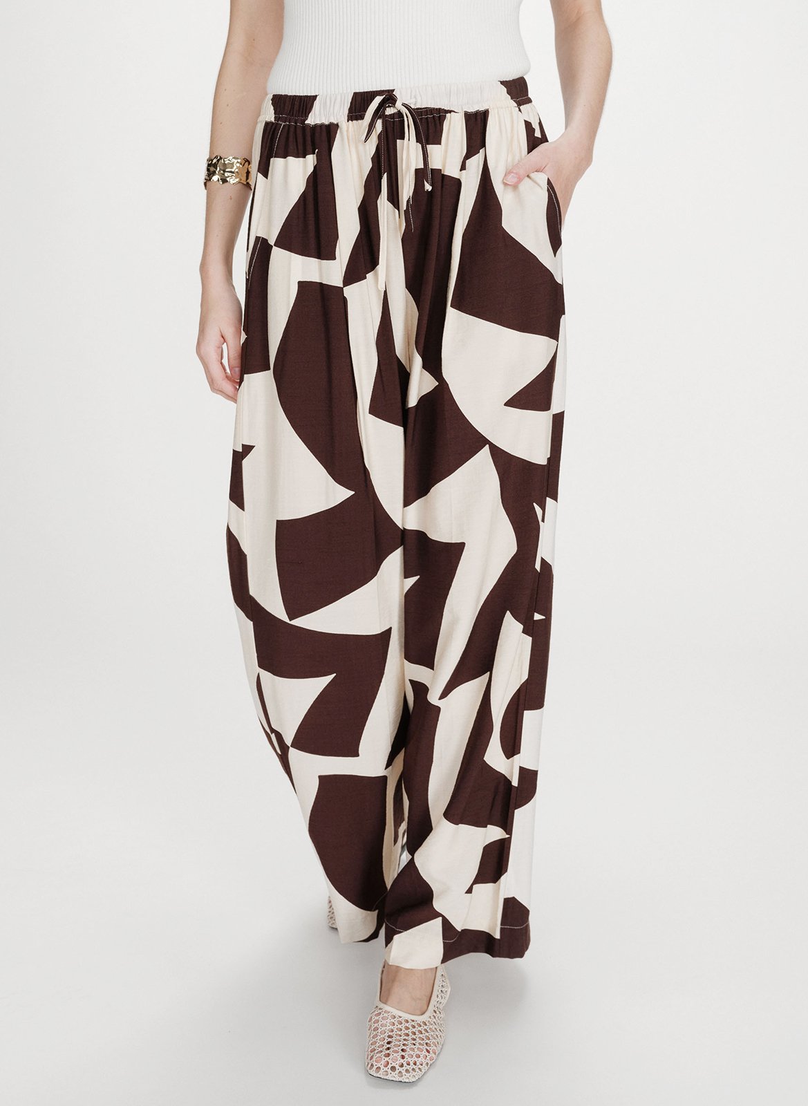 Pantalon large taille mi-haute imprimé GRACE ET MILA Marron